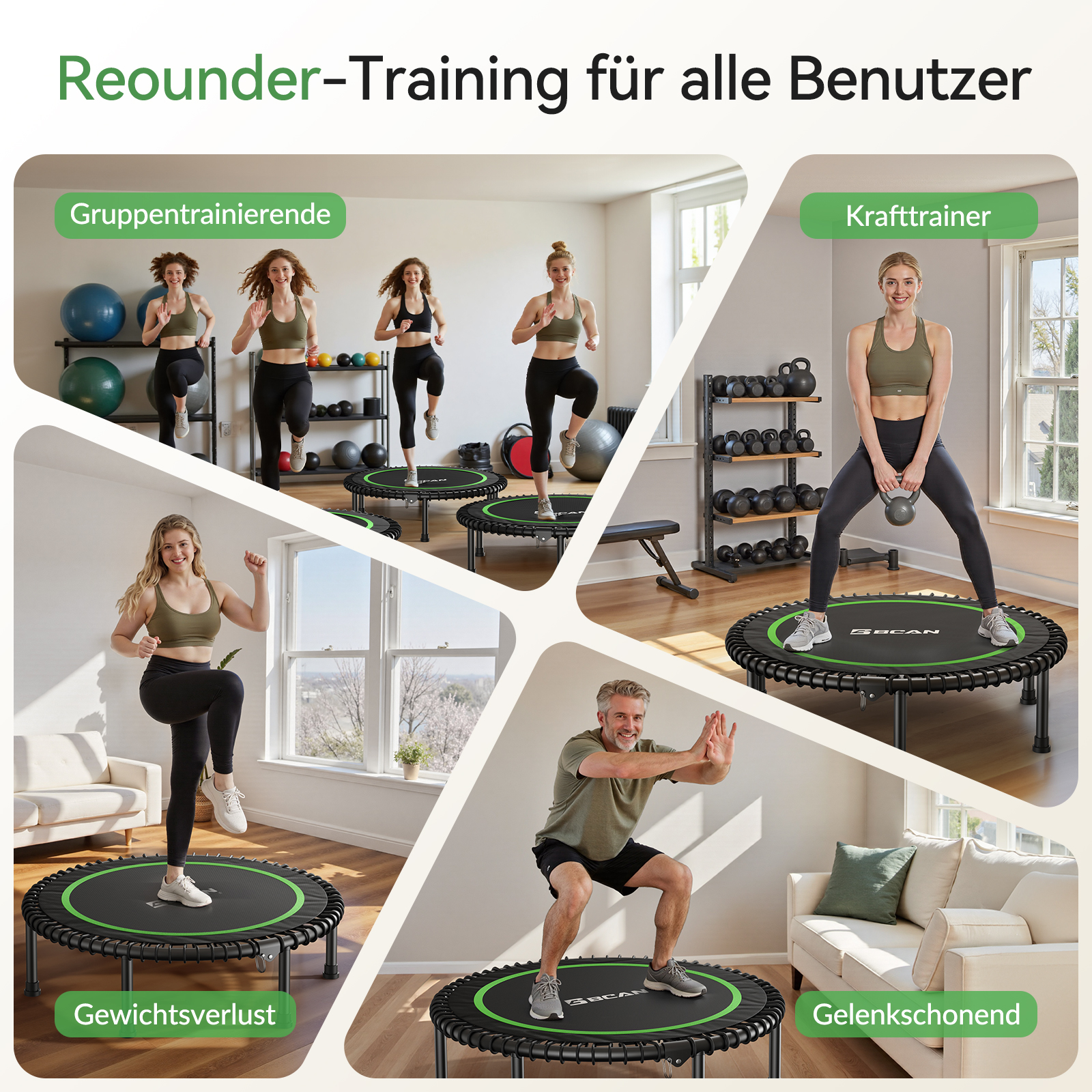 Collage zeigt Menschen beim Trampolintraining: Gruppe, Kraft, Gewicht und gelenkschonend.