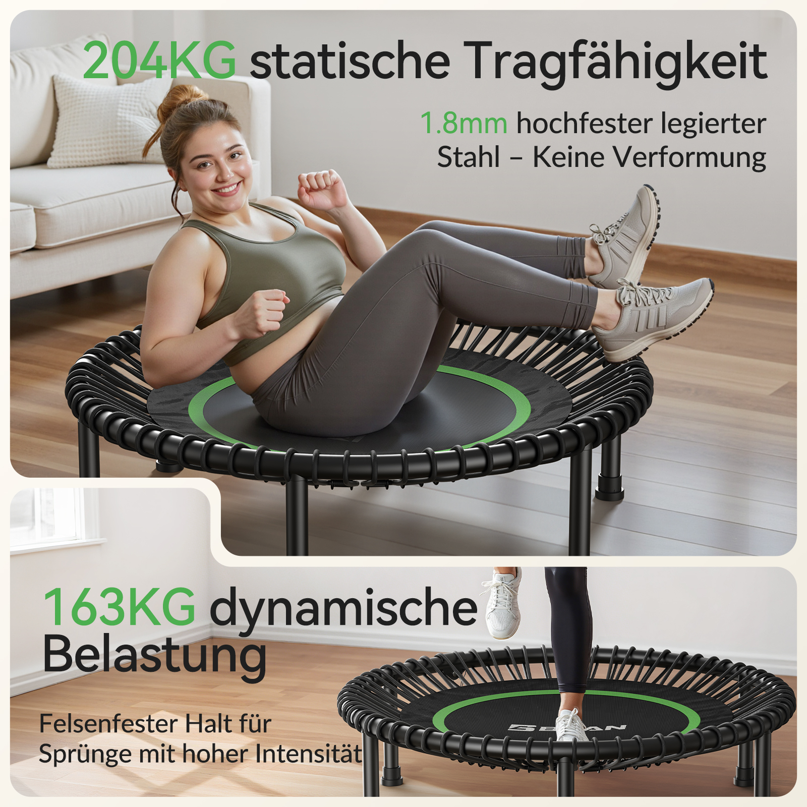 Frau auf einem Trampolin, oben statische Tragfähigkeit, unten dynamische Belastung.
