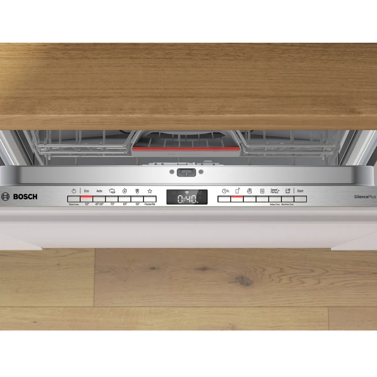 Pannello di controllo lavastoviglie Bosch con selezione programma, timer e pulsante di avvio.