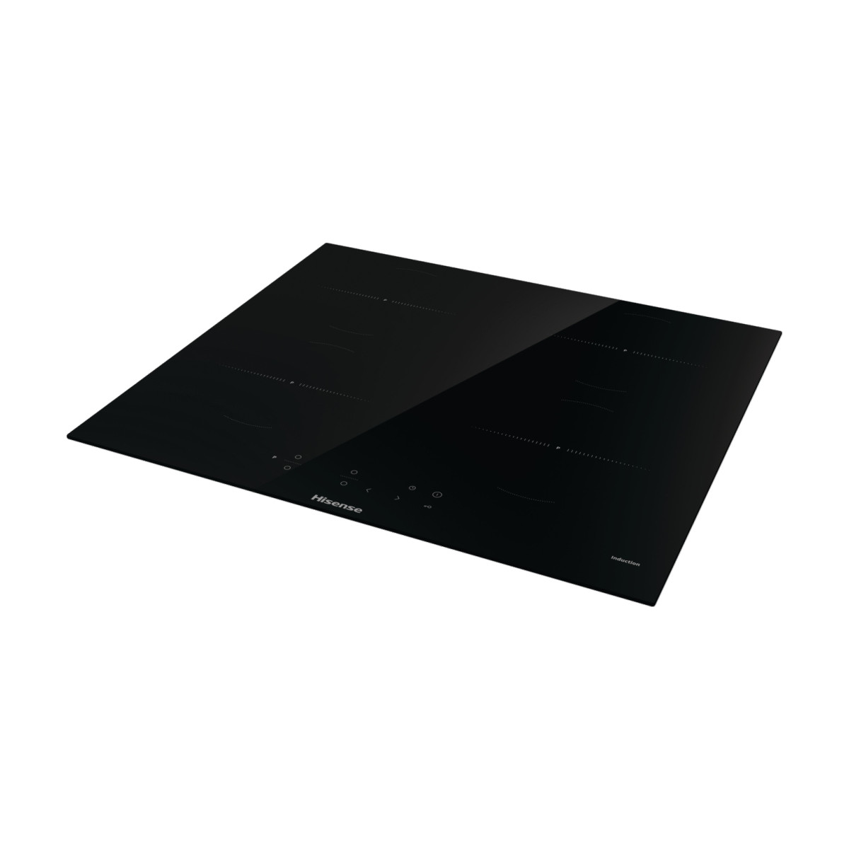 Un piano cottura a induzione Hisense in vetro nero con quattro zone di cottura e comandi touch.