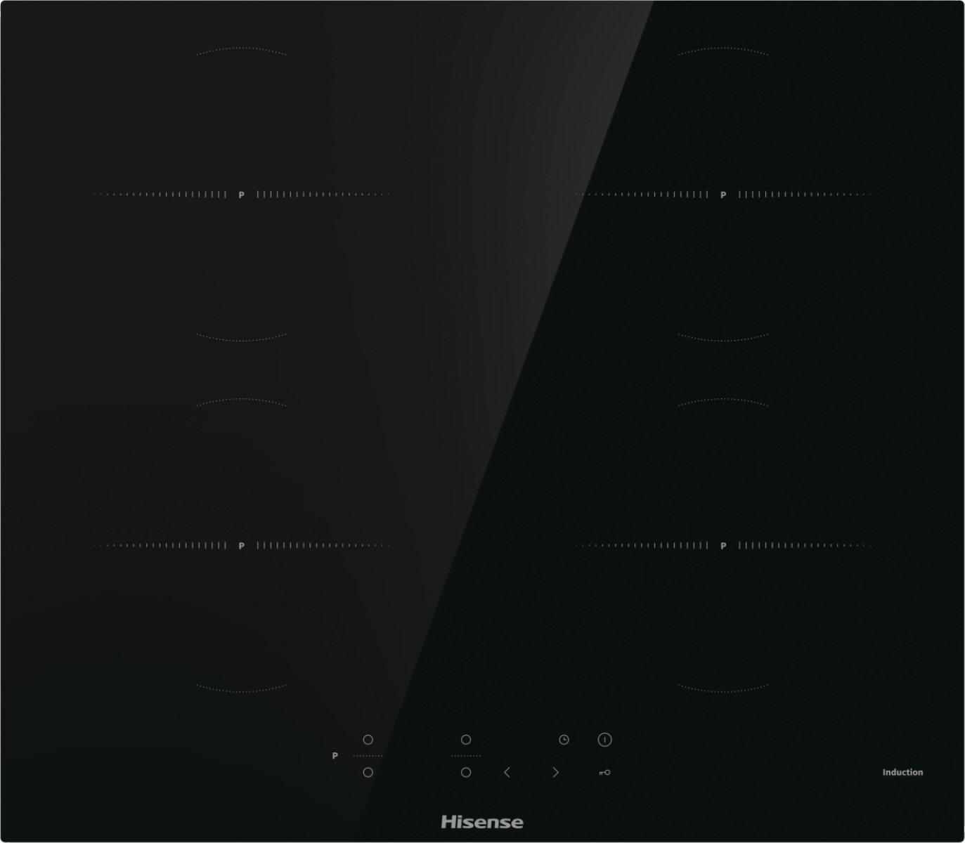 Piano cottura a induzione nero con quattro zone di cottura e logo Hisense.