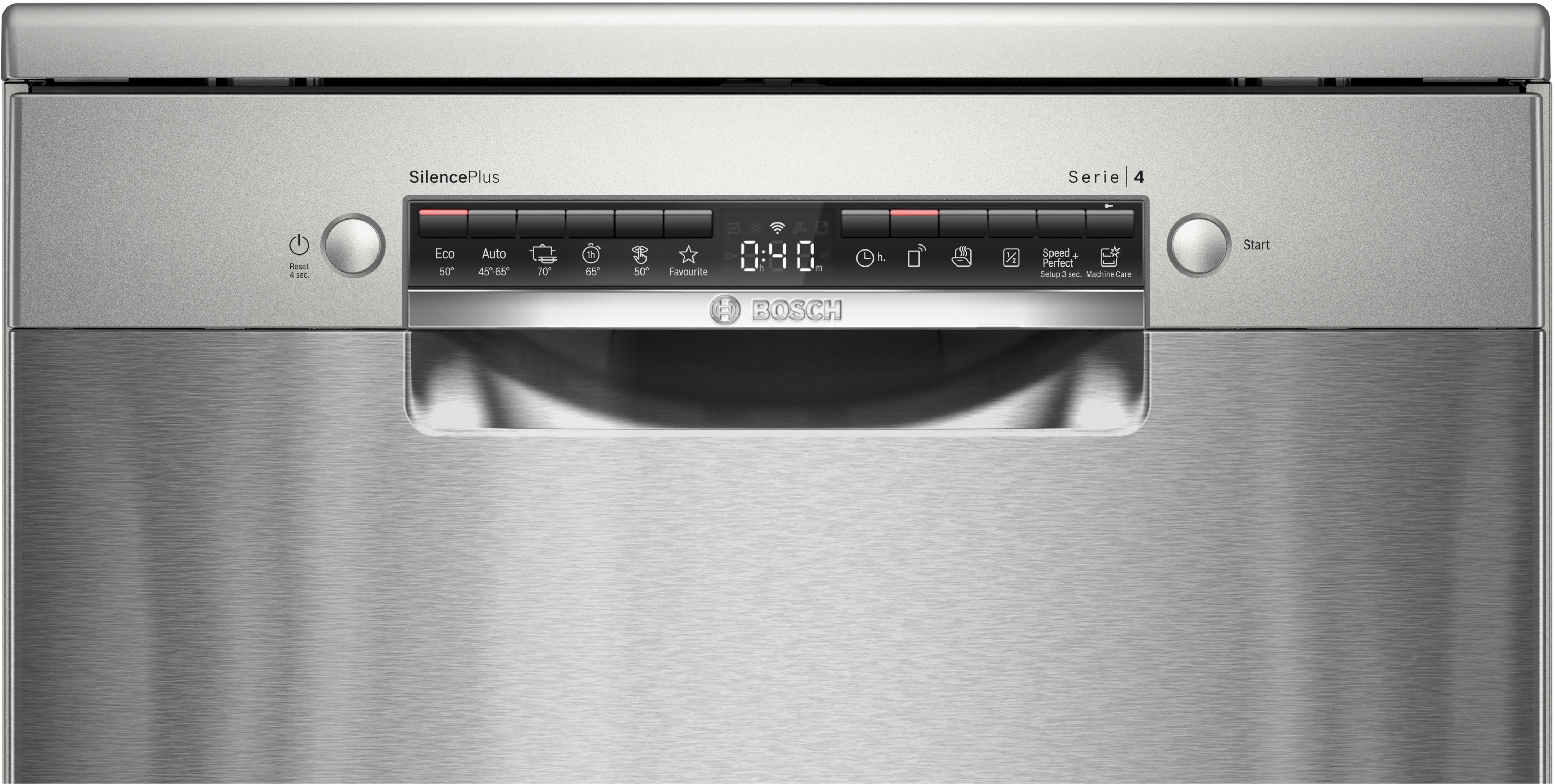 Lavastoviglie Bosch Serie 4 argento con display digitale e pulsanti.