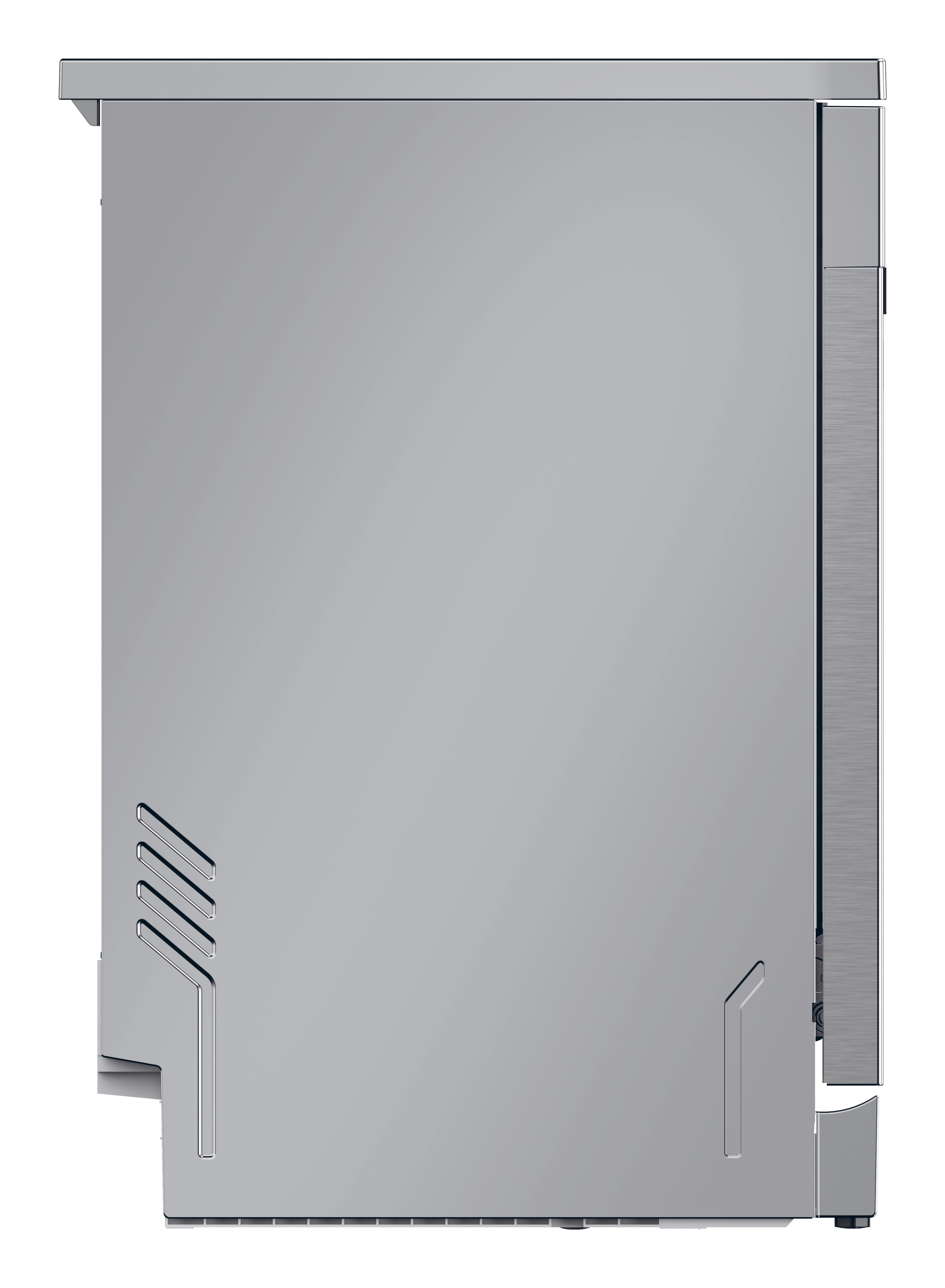Electrodoméstico gris con ranuras de ventilación y detalles metálicos.