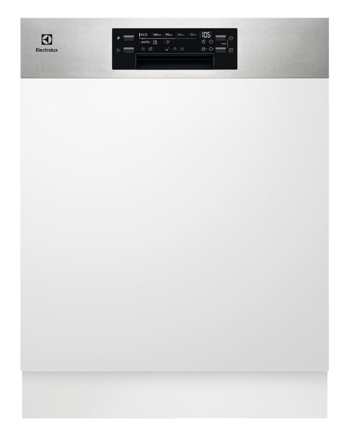 Eine weiße Geschirrspülertür mit silbernem Bedienfeld und Electrolux-Logo.
