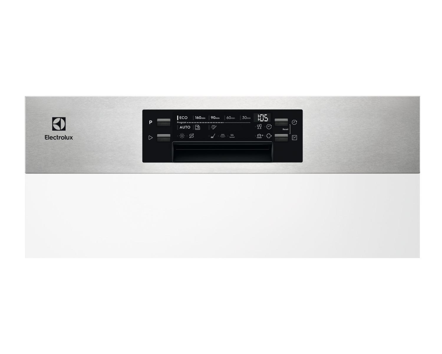 Die Edelstahloberfläche eines Geschirrspülers mit dem Electrolux-Logo und digitaler Anzeige.