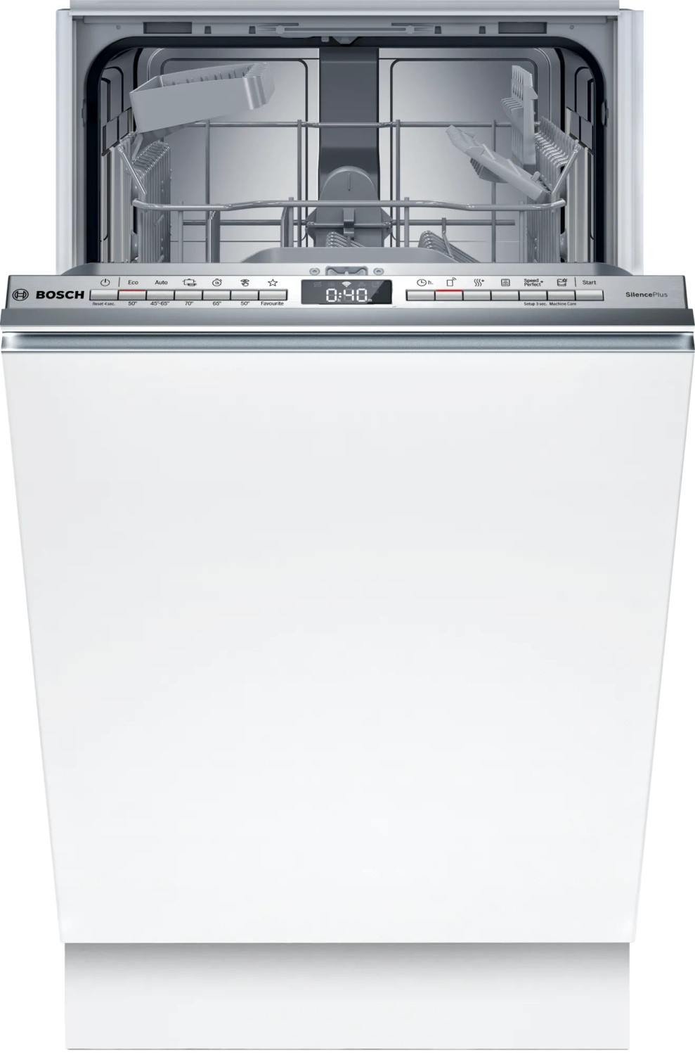 Una lavastoviglie Bosch bianca aperta con controlli argentati e display.