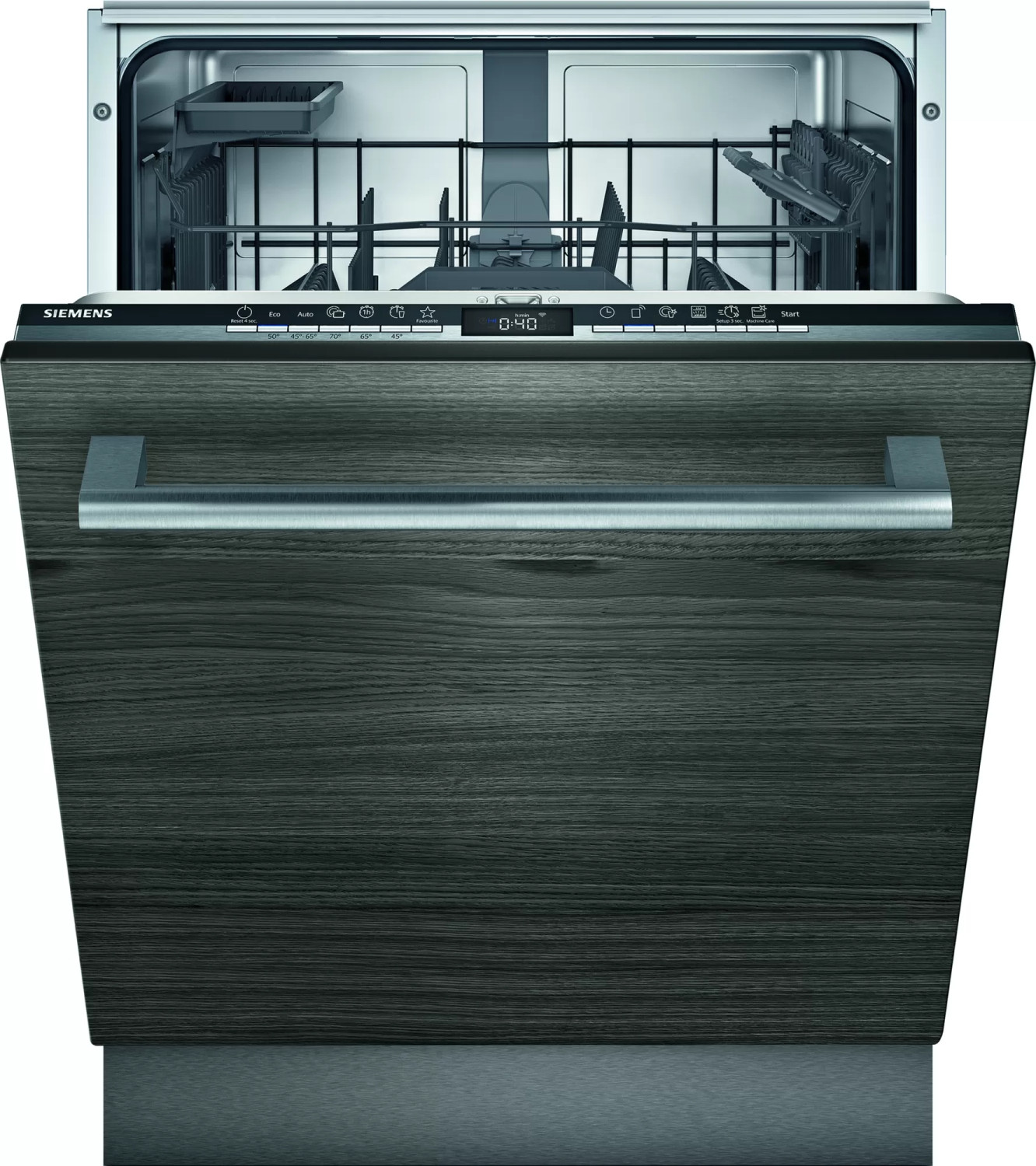 Una lavastoviglie Siemens aperta con venature scure di legno e maniglia argentata.