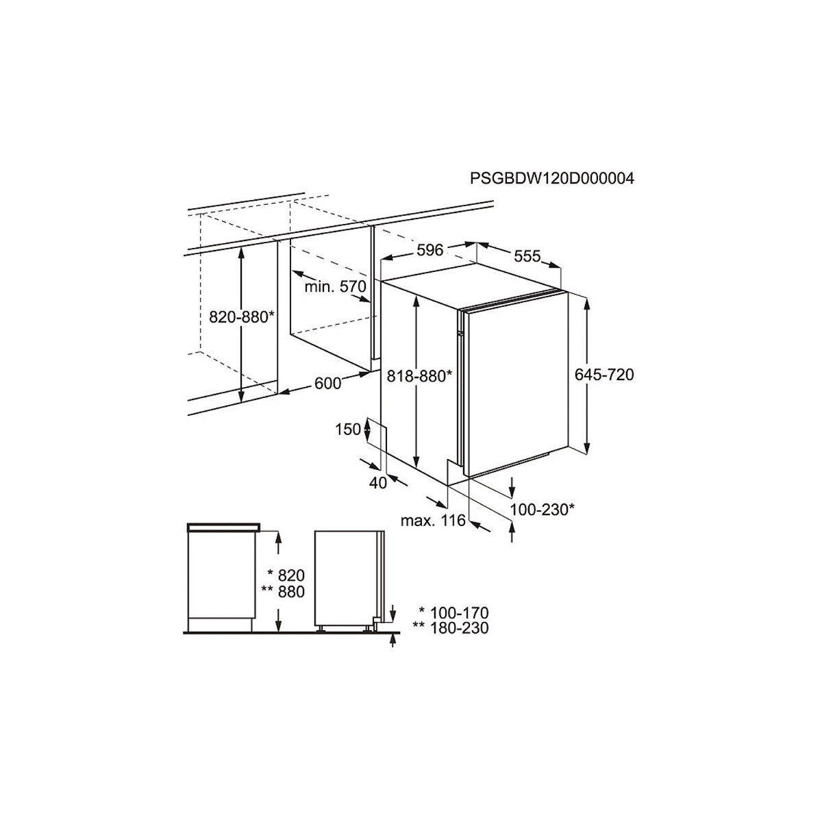 Disegno tecnico di una lavastoviglie da incasso con dimensioni.