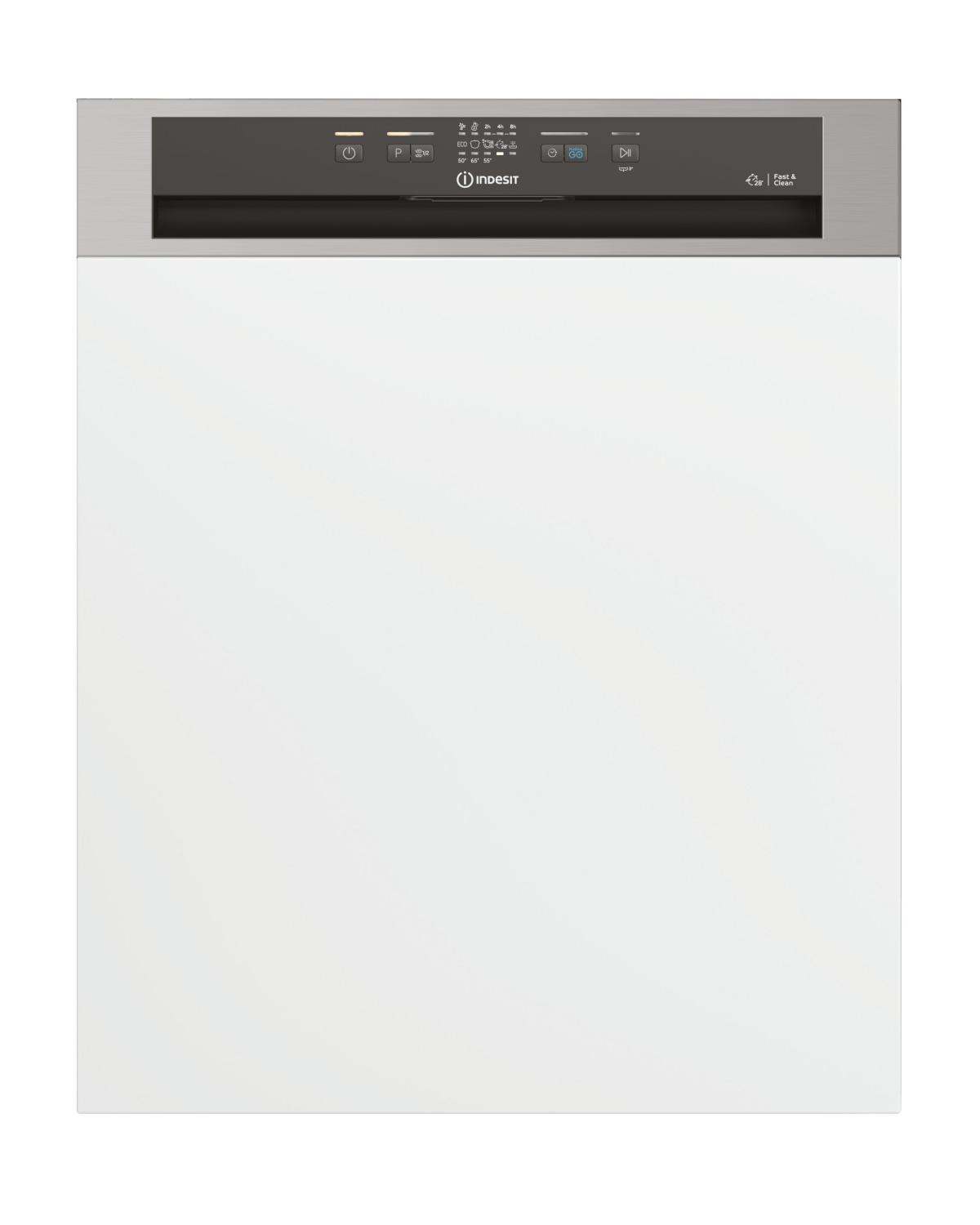 White dishwasher with black control panel and Indesit logo.