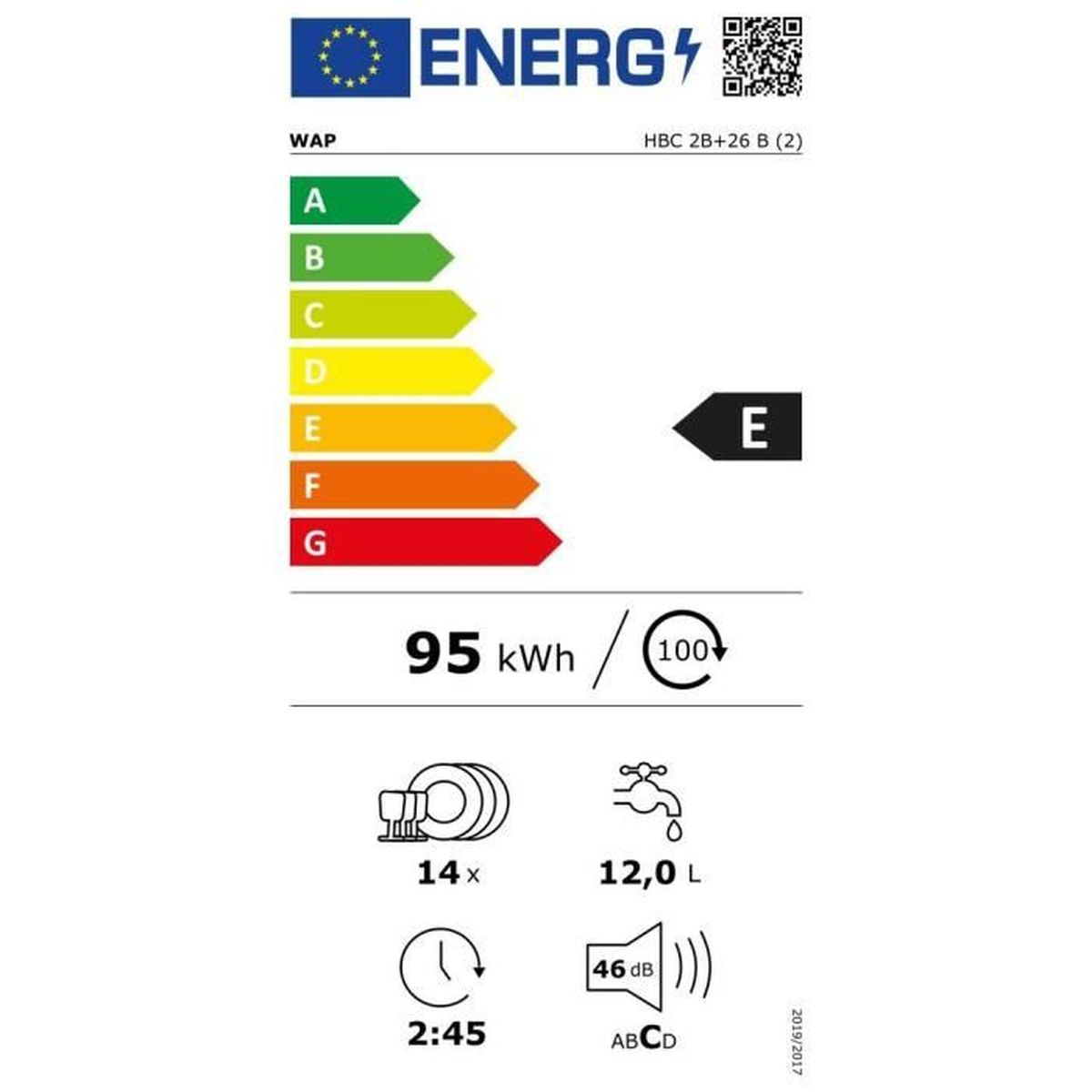 Etiqueta eficiencia energética A-G, 95 kWh/100 ciclos, 12 L agua, 14 servicios, 46 dB.