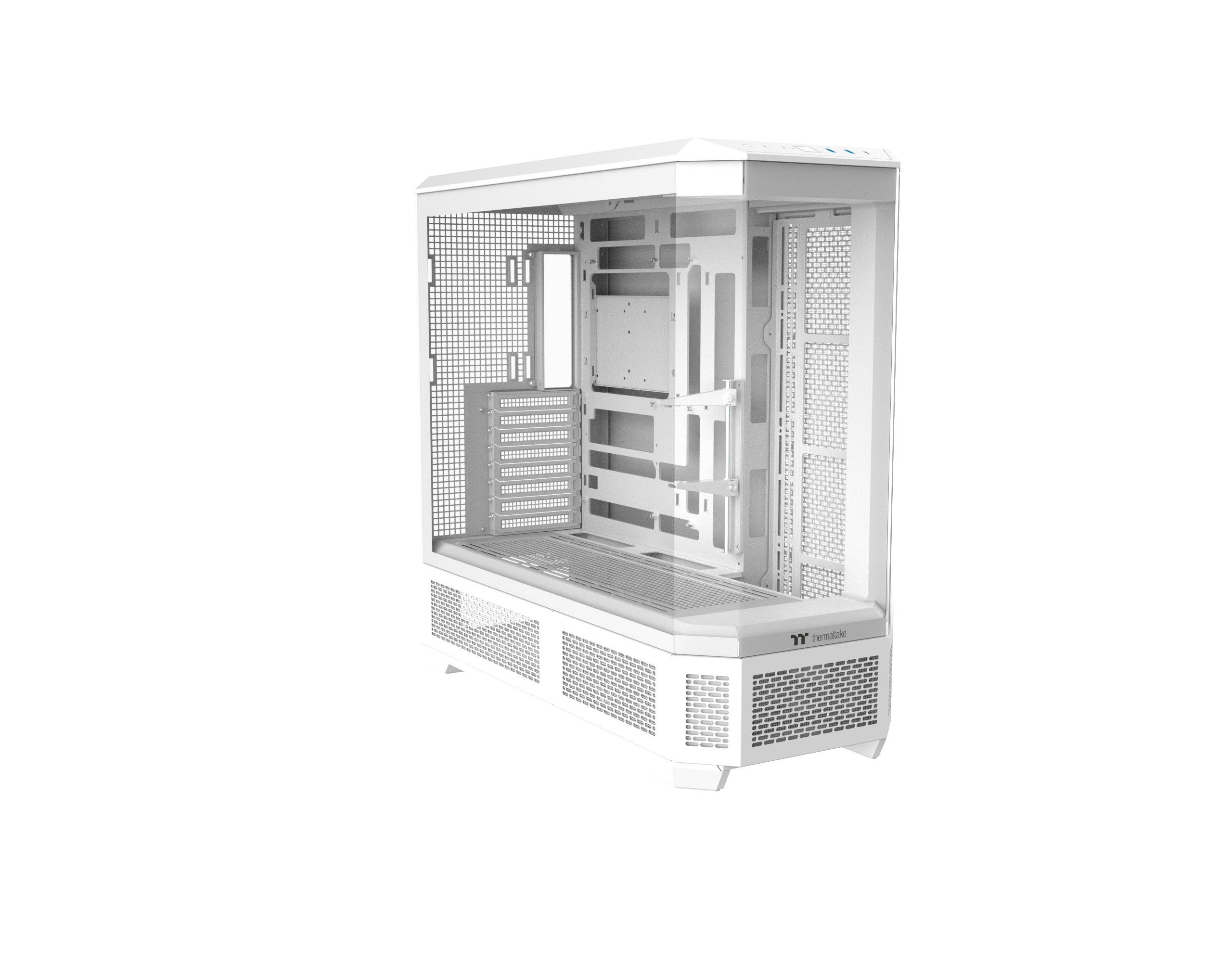 Un case per PC bianco con pannelli in vetro e griglie di ventilazione.