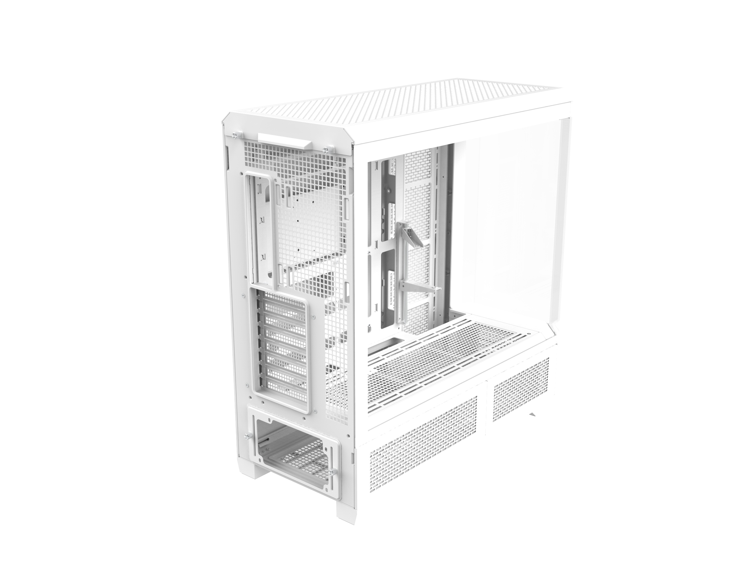 Un case per computer bianco con frontale in vetro e prese d'aria.
