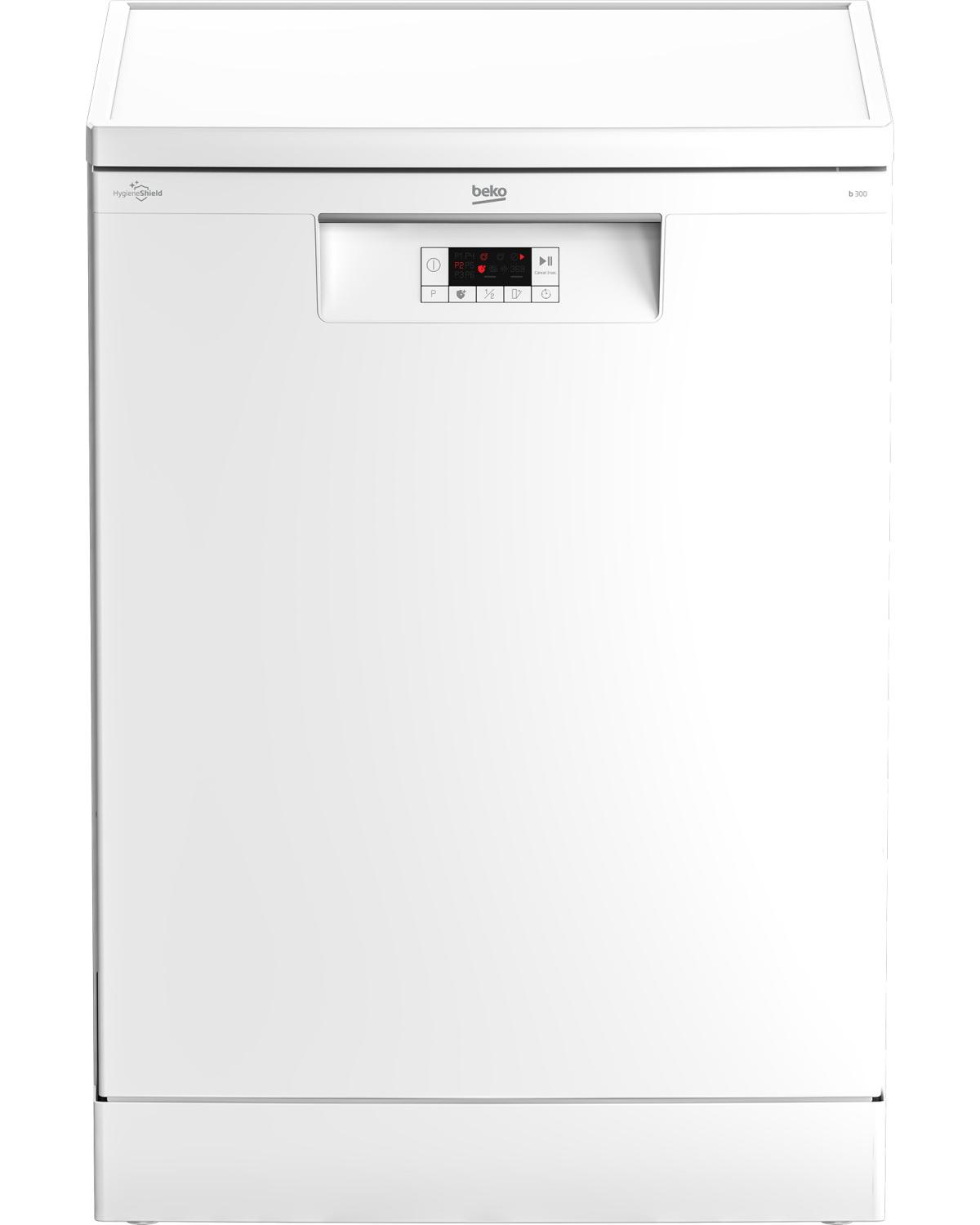 Una lavastoviglie Beko bianca con display digitale e pannello di controllo.