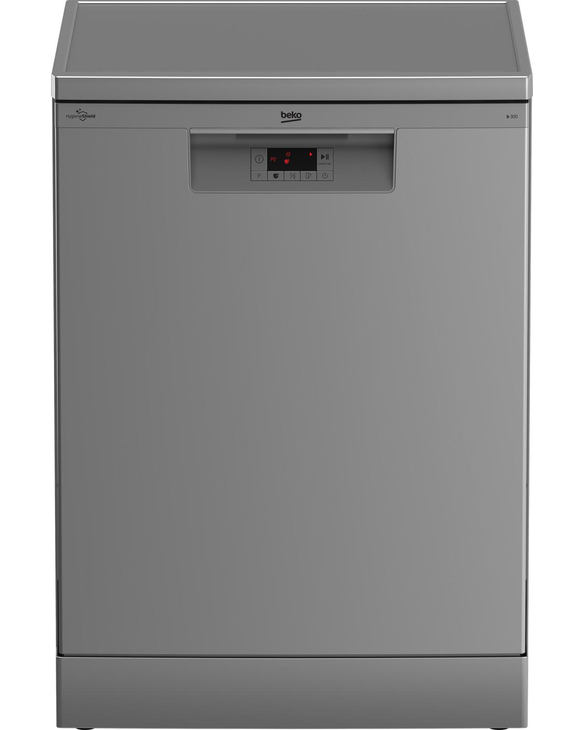 Una lavastoviglie Beko argento con display digitale e pannello di controllo.