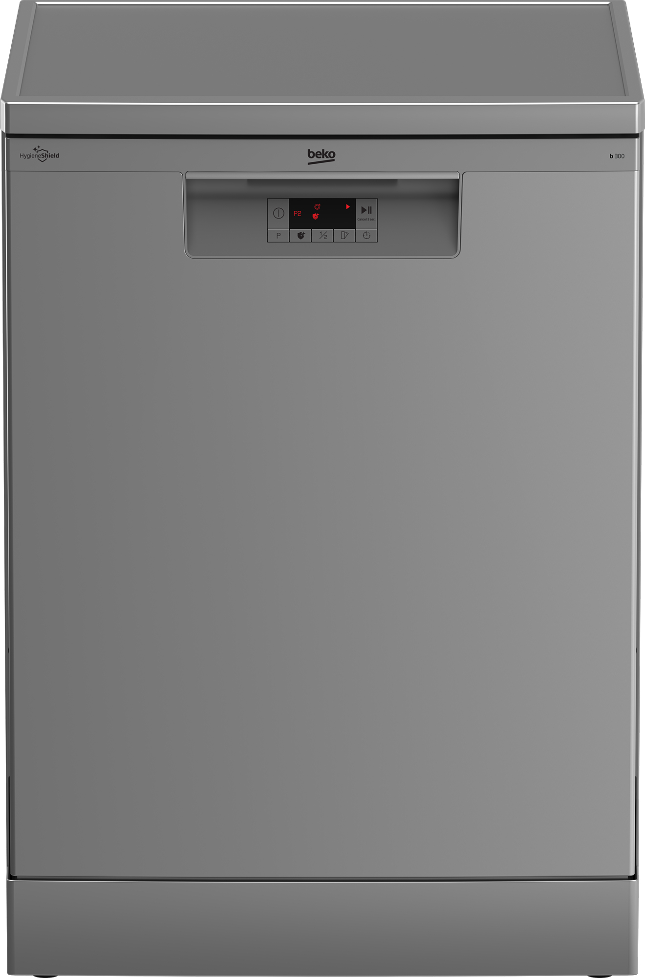 Lavastoviglie Beko argentata con display digitale e pulsanti di controllo.