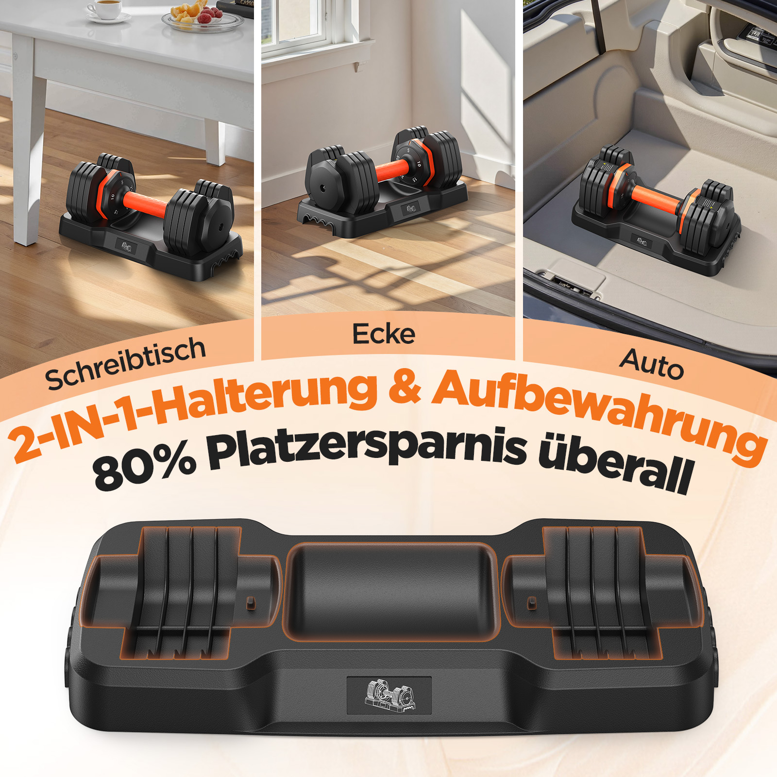 Verstellbare Hantel auf einer Ablage, daneben ein Auto und ein Schreibtisch.