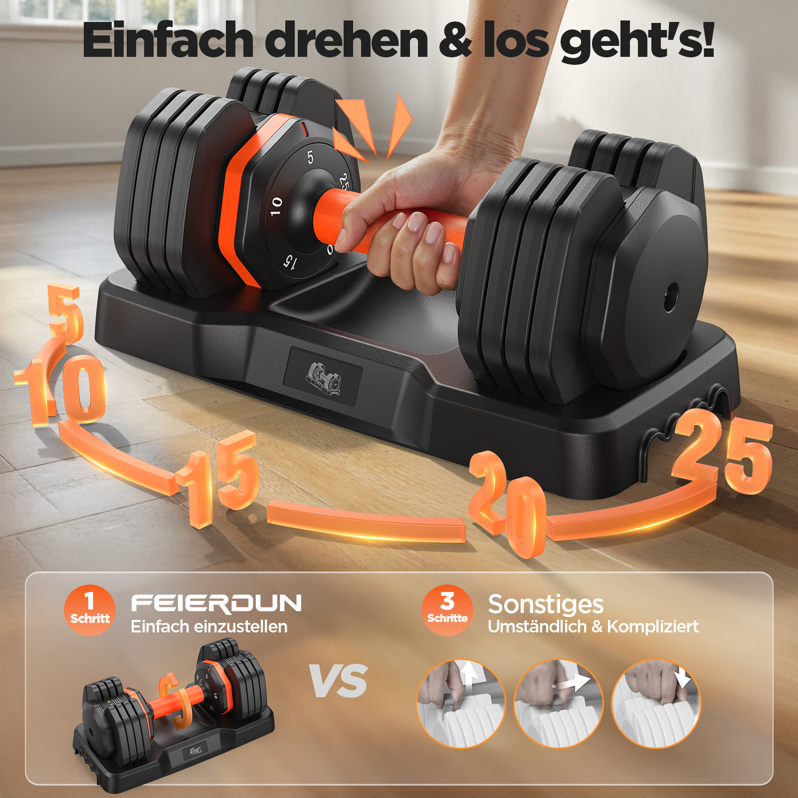 Verstellbare Hantel auf Ablage, Hand dreht Griff. Gewichte 5-25 angezeigt.