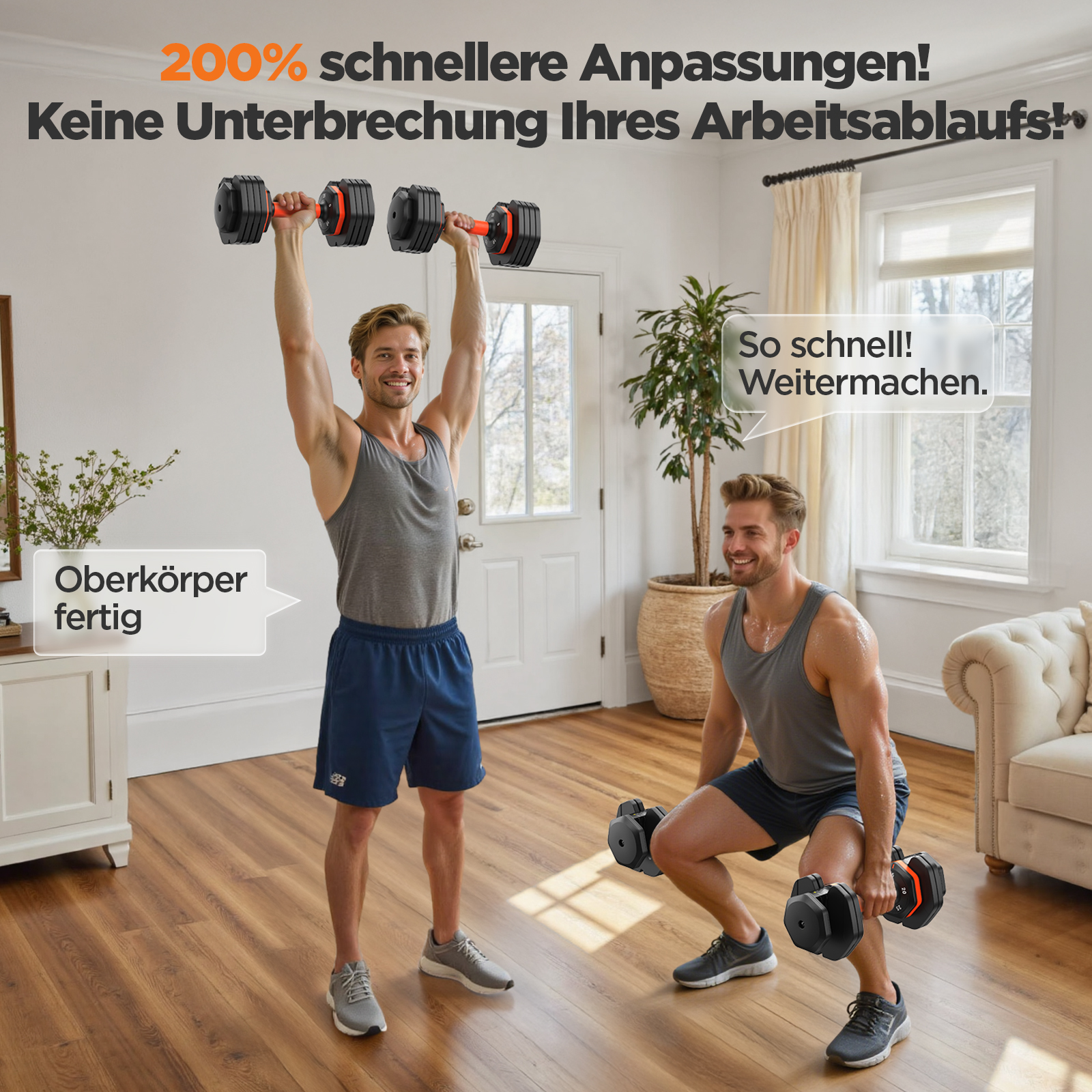 Zwei Männer trainieren drinnen mit Hanteln. Einer steht, der andere hockt.
