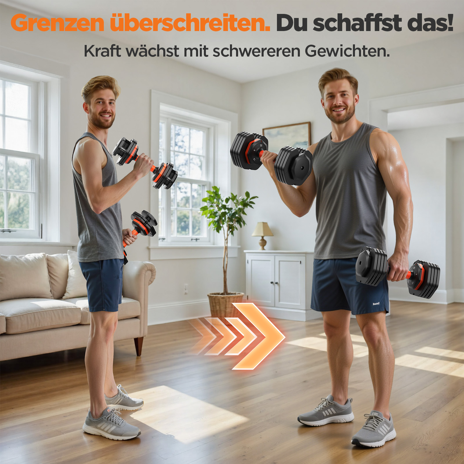 Zwei Männer trainieren mit verstellbaren Hanteln in einem hellen Wohnzimmer.