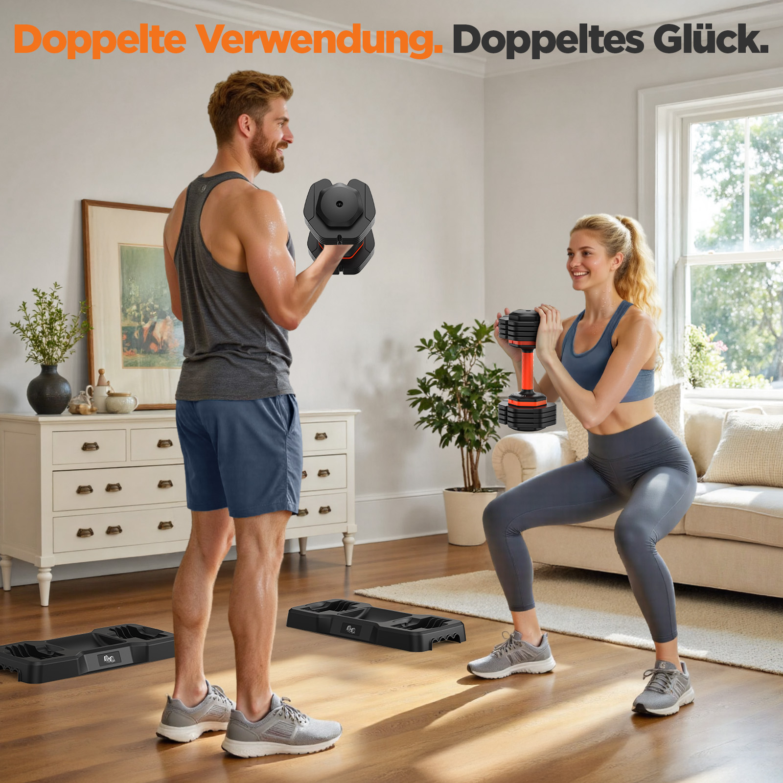 Mann und Frau trainieren mit Hanteln in einem Wohnzimmer.