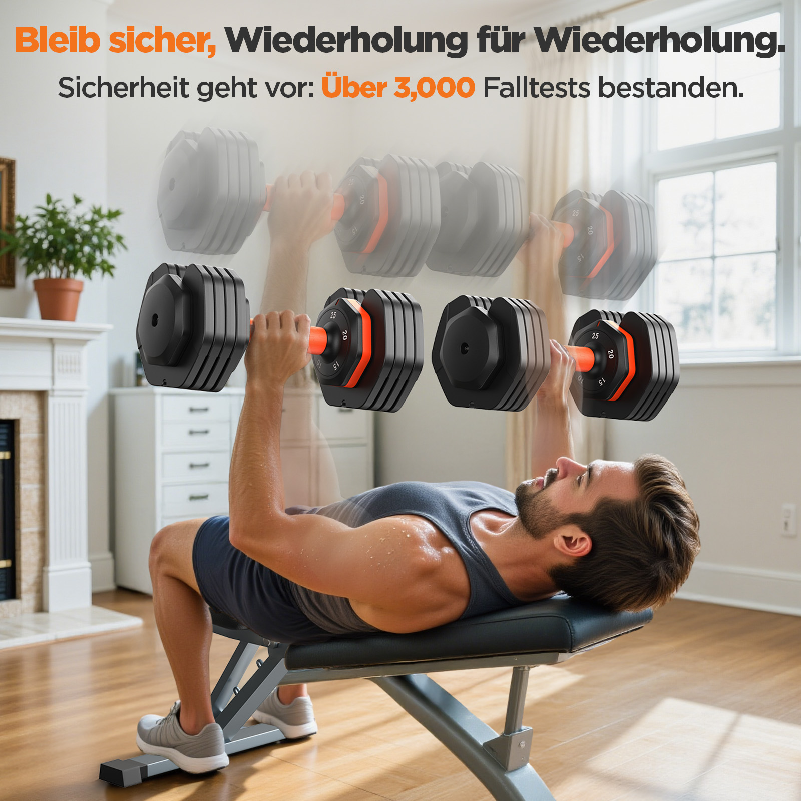 Mann liegt auf Hantelbank und hebt Hantel. Mehrere Hanteln sichtbar.
