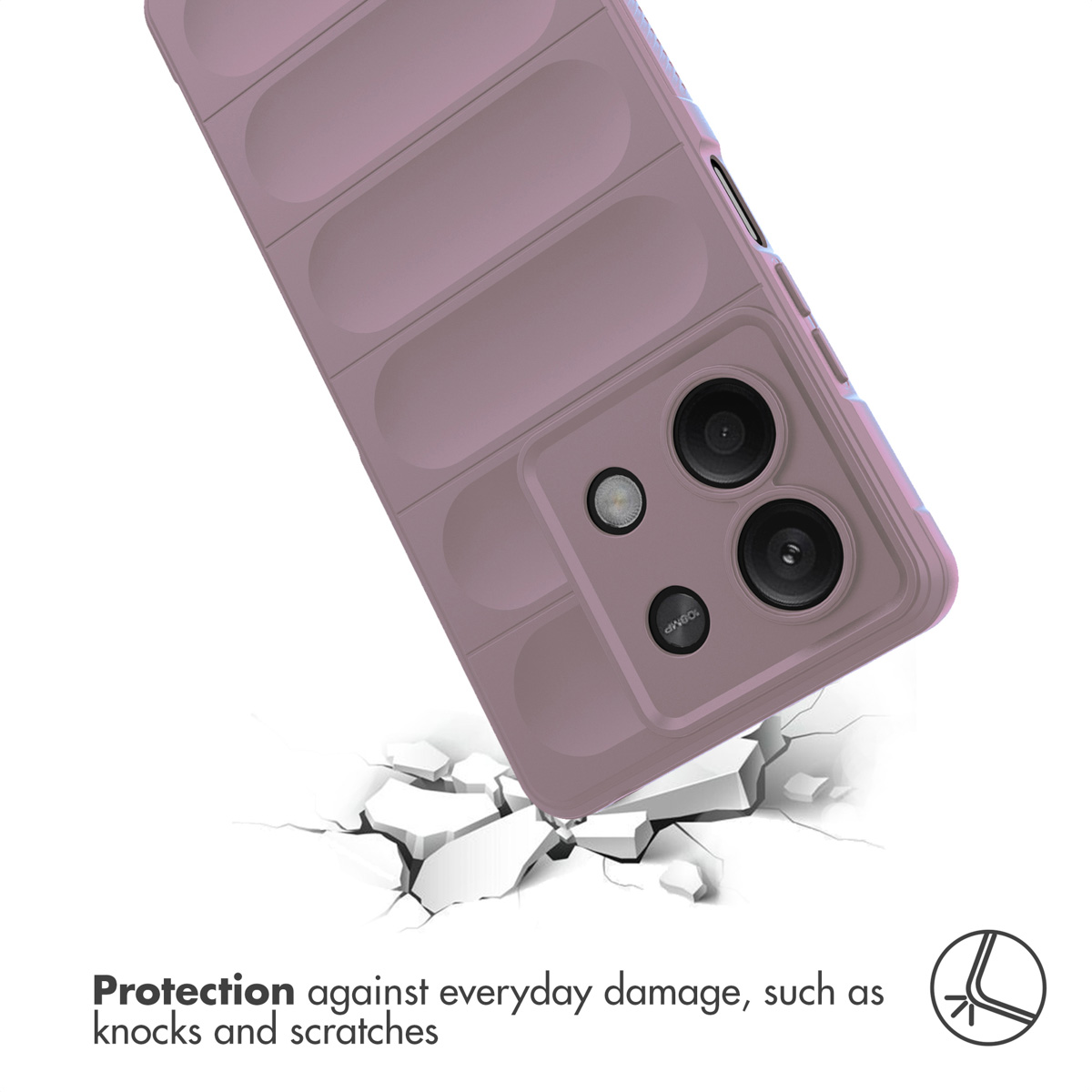 Ein rosafarbenes Handy mit einer Kameraschale fällt auf zerbrochene weiße Steine.