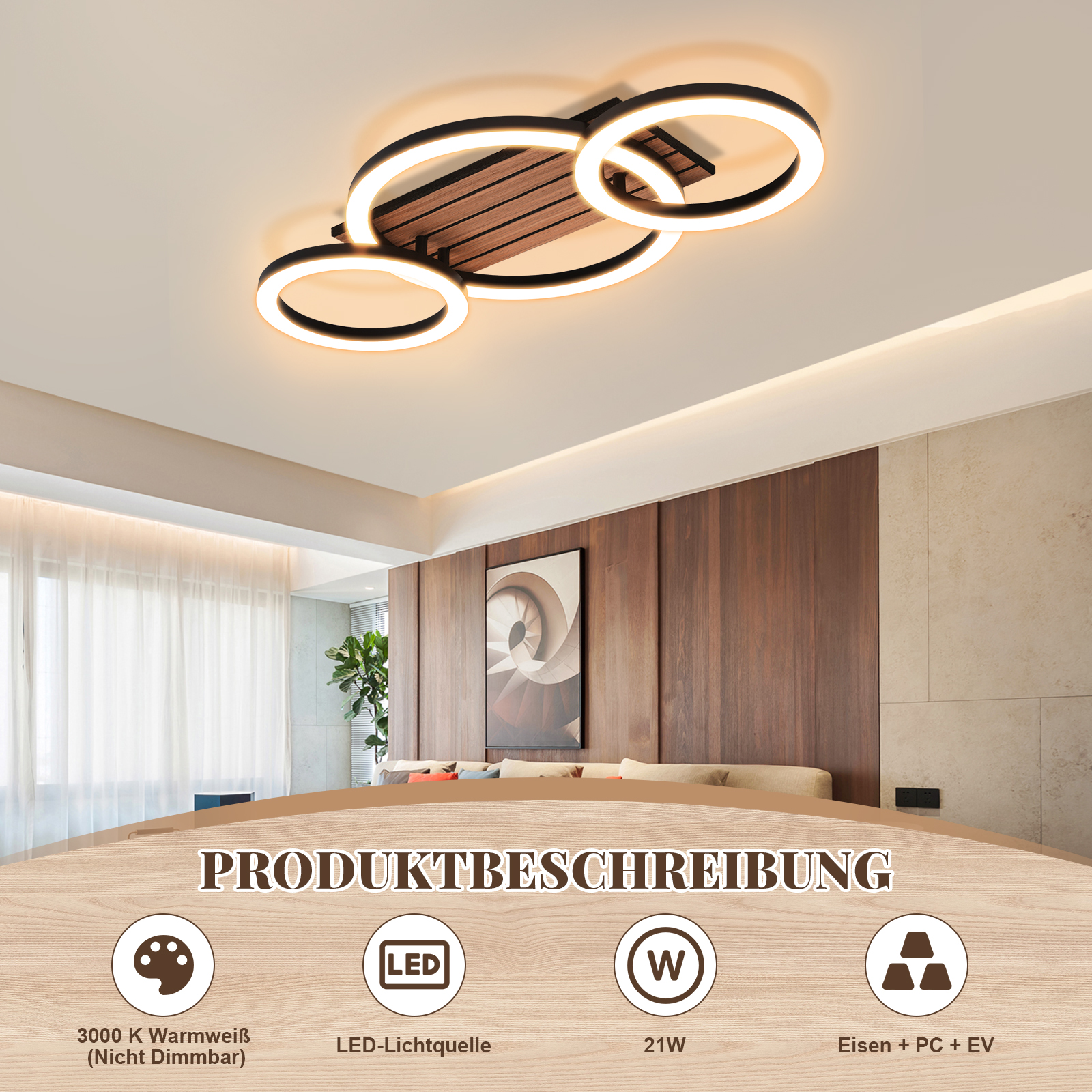 Eine moderne Deckenleuchte mit drei Ringen und Holzdetails.