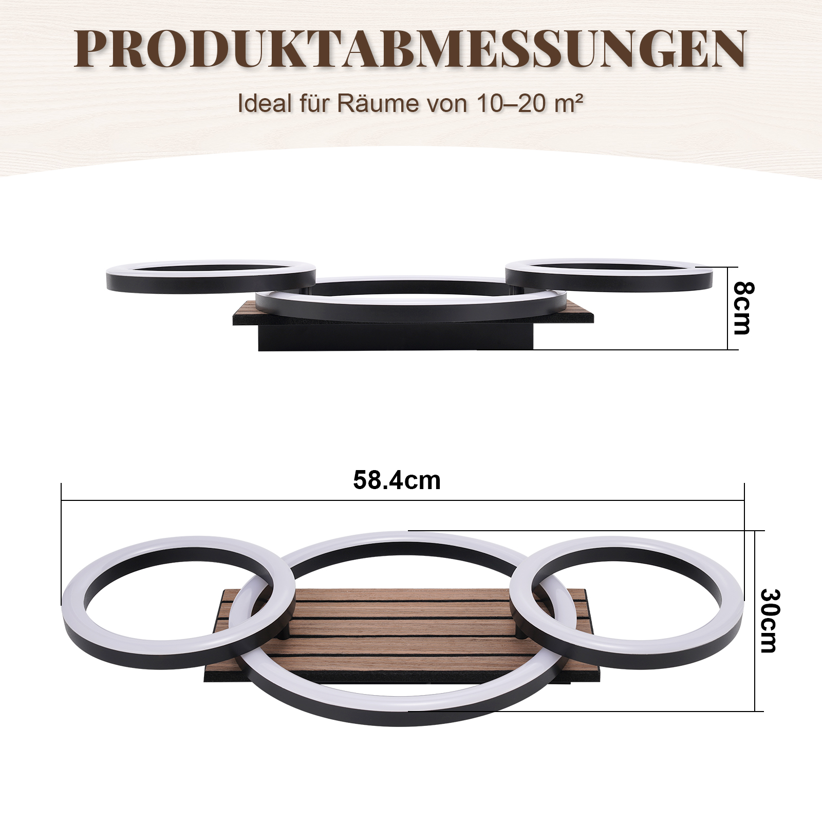 Produktabmessungen: 58,4cm x 30cm x 8cm. Drei Ringe auf Holz.