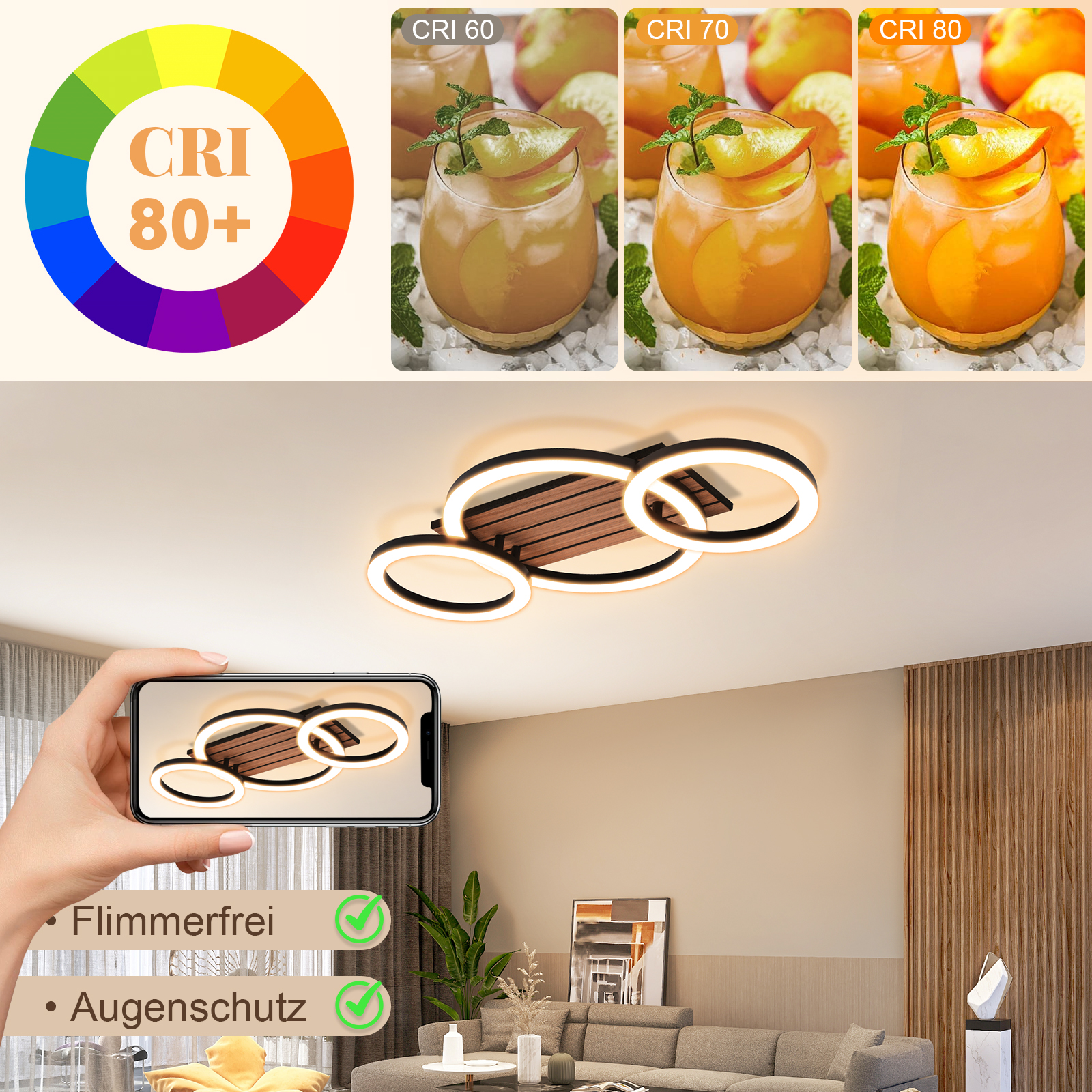 Deckenleuchte mit drei Ringen und Holzdetails, flimmerfrei und augenschonend.