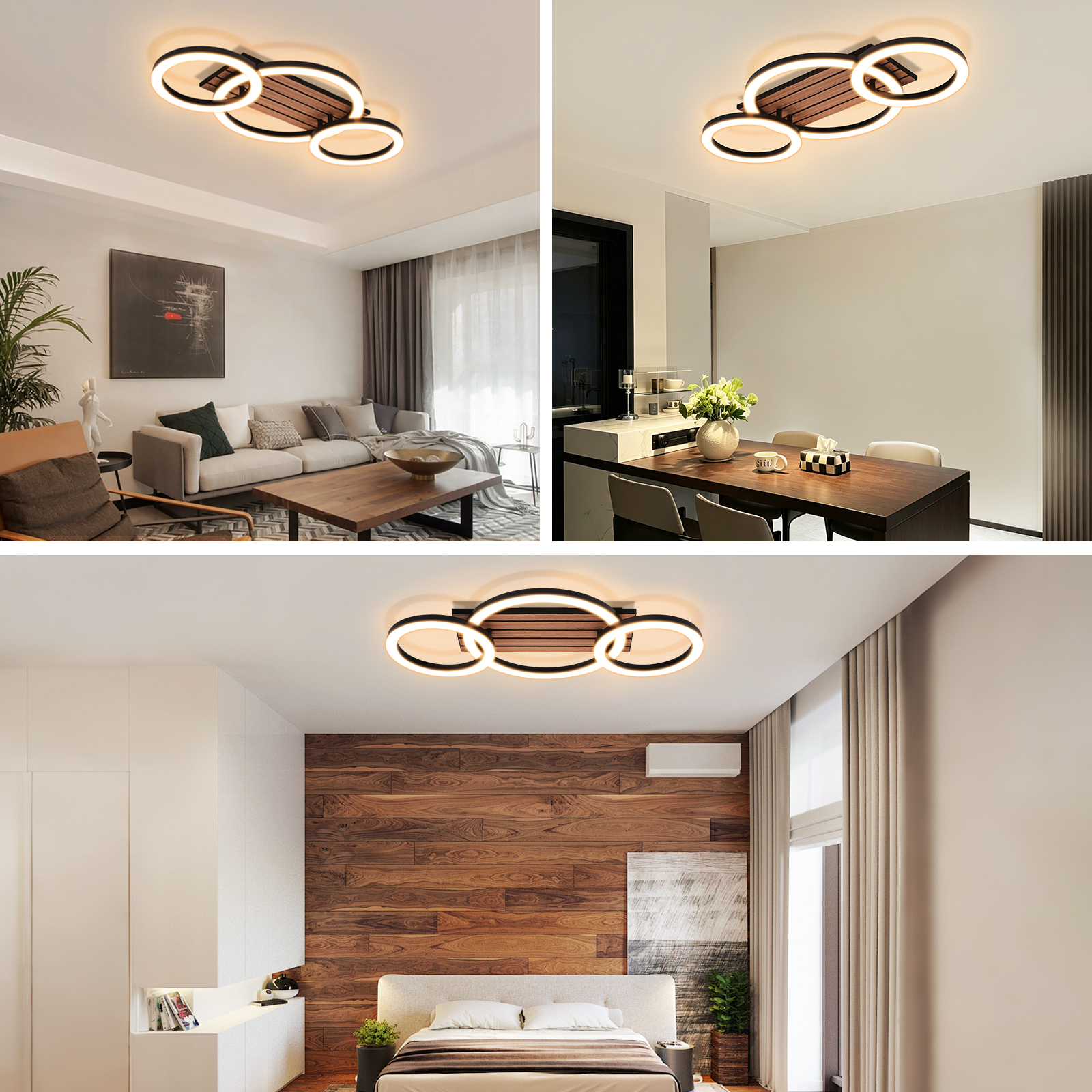 Deckenleuchte mit drei Ringen über einem Sofa und einem Holztisch.