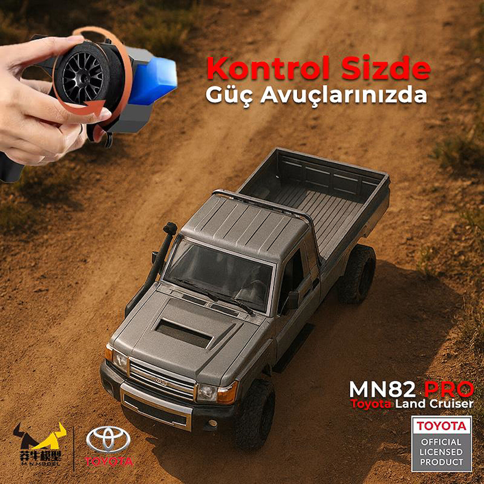 Gri RC Toyota Land Cruiser kamyonet, toprak yolda uzaktan kumandalı.