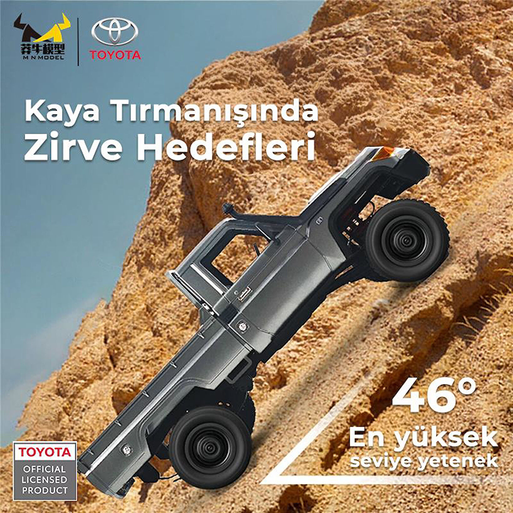 Gri uzaktan kumandalı araba kayalık yamaçta tırmanıyor. Toyota logosu.