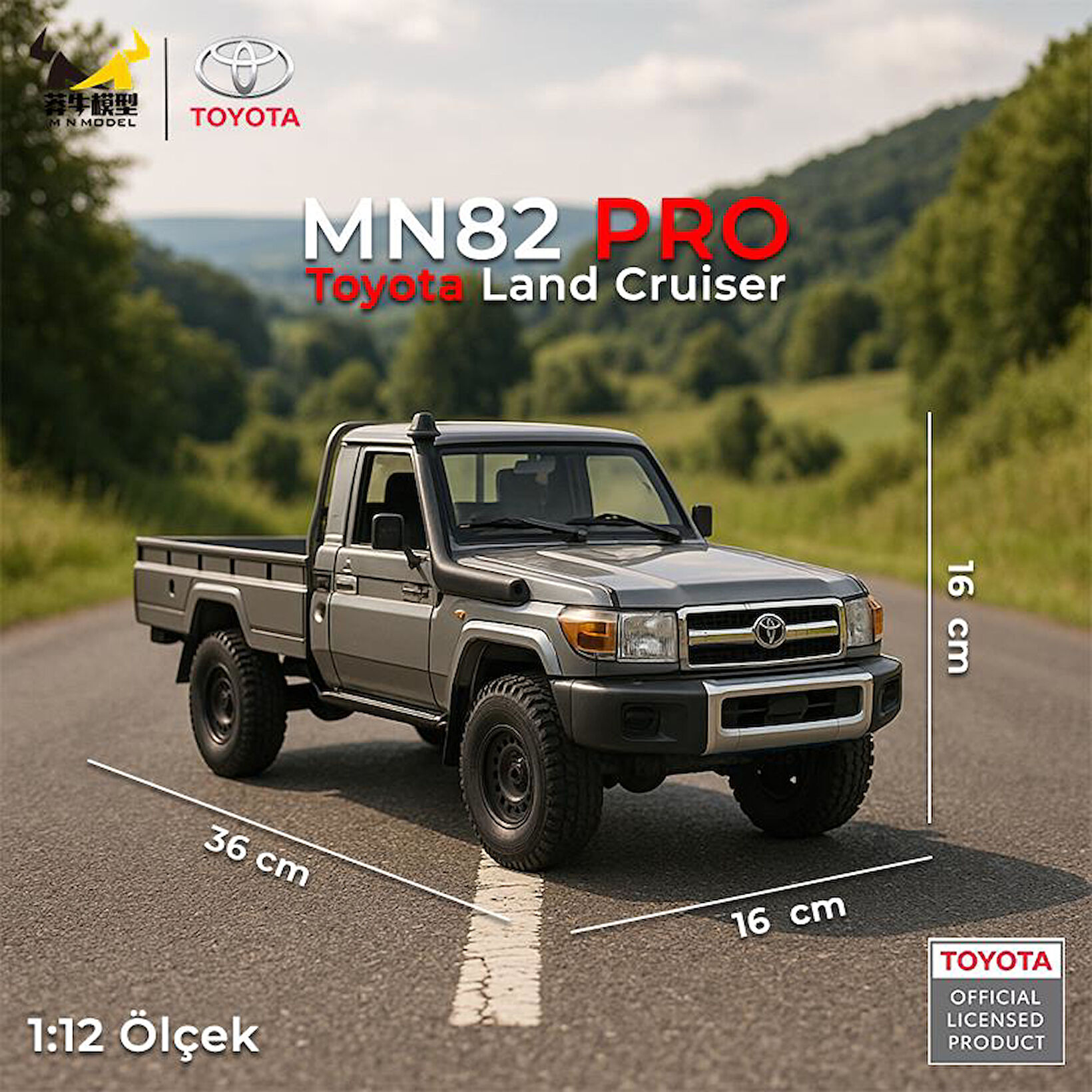 Gri Toyota Land Cruiser model araba, yol üzerinde 1:12 ölçekli.