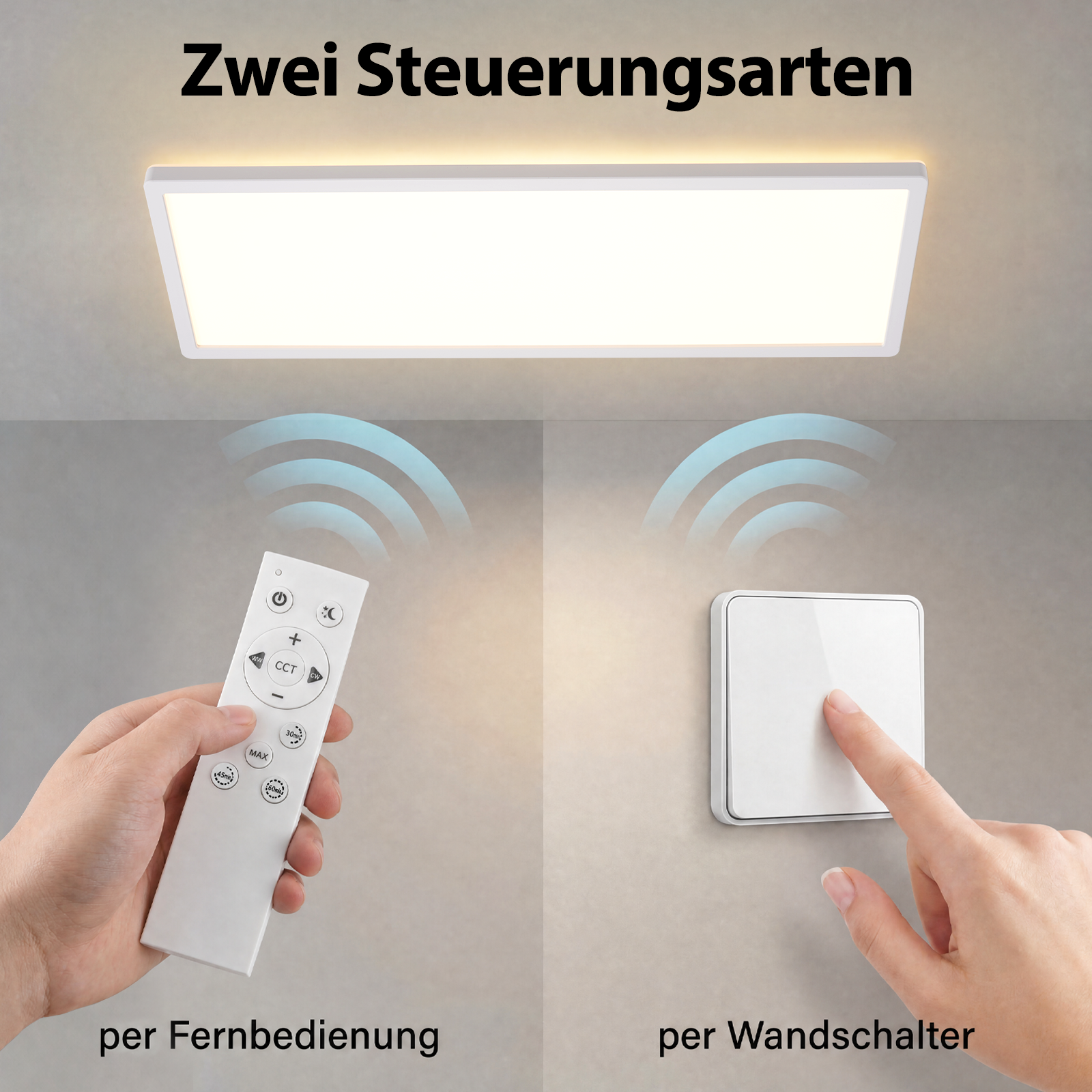 Biała prostokątna lampa sufitowa. Dwa sposoby sterowania: pilot i przełącznik ścienny.