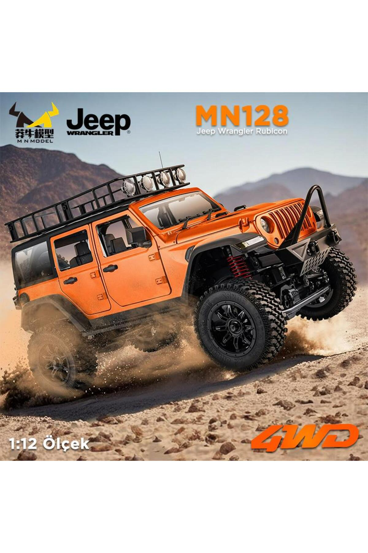 Turuncu bir Jeep Wrangler Rubicon toz kaldırarak arazide gidiyor.
