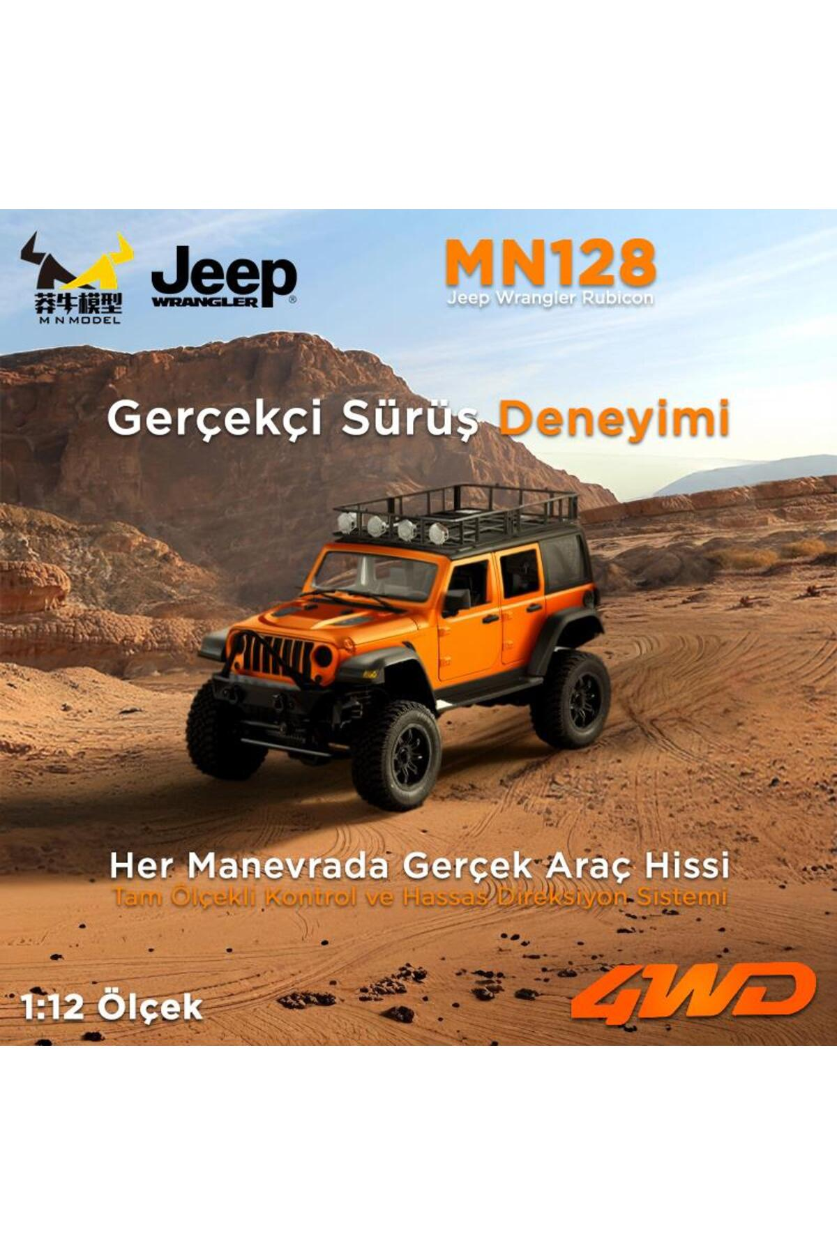 4WD logolu turuncu Jeep Wrangler Rubicon arazide.
