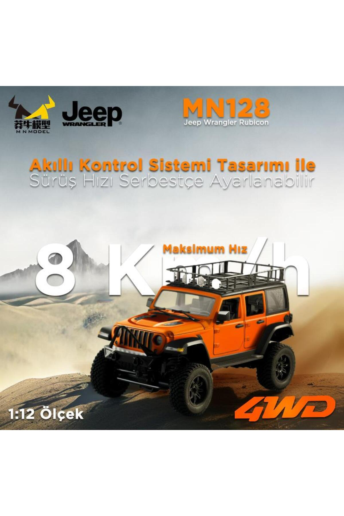 8K ve 4WD yazılı turuncu Jeep Wrangler Rubicon arazide.