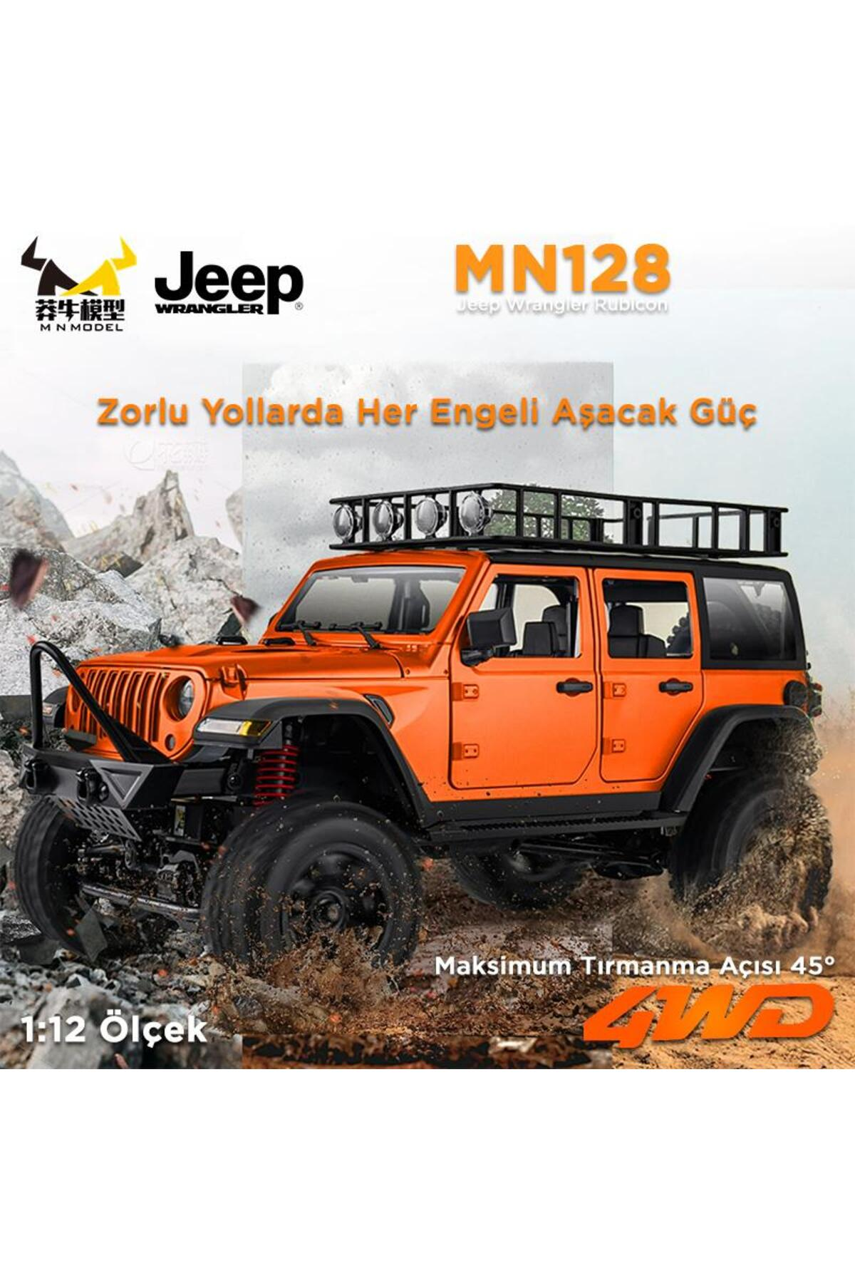 Turuncu Jeep Wrangler RC araç, çamurlu arazide, portbagaj ve ışıklarla.