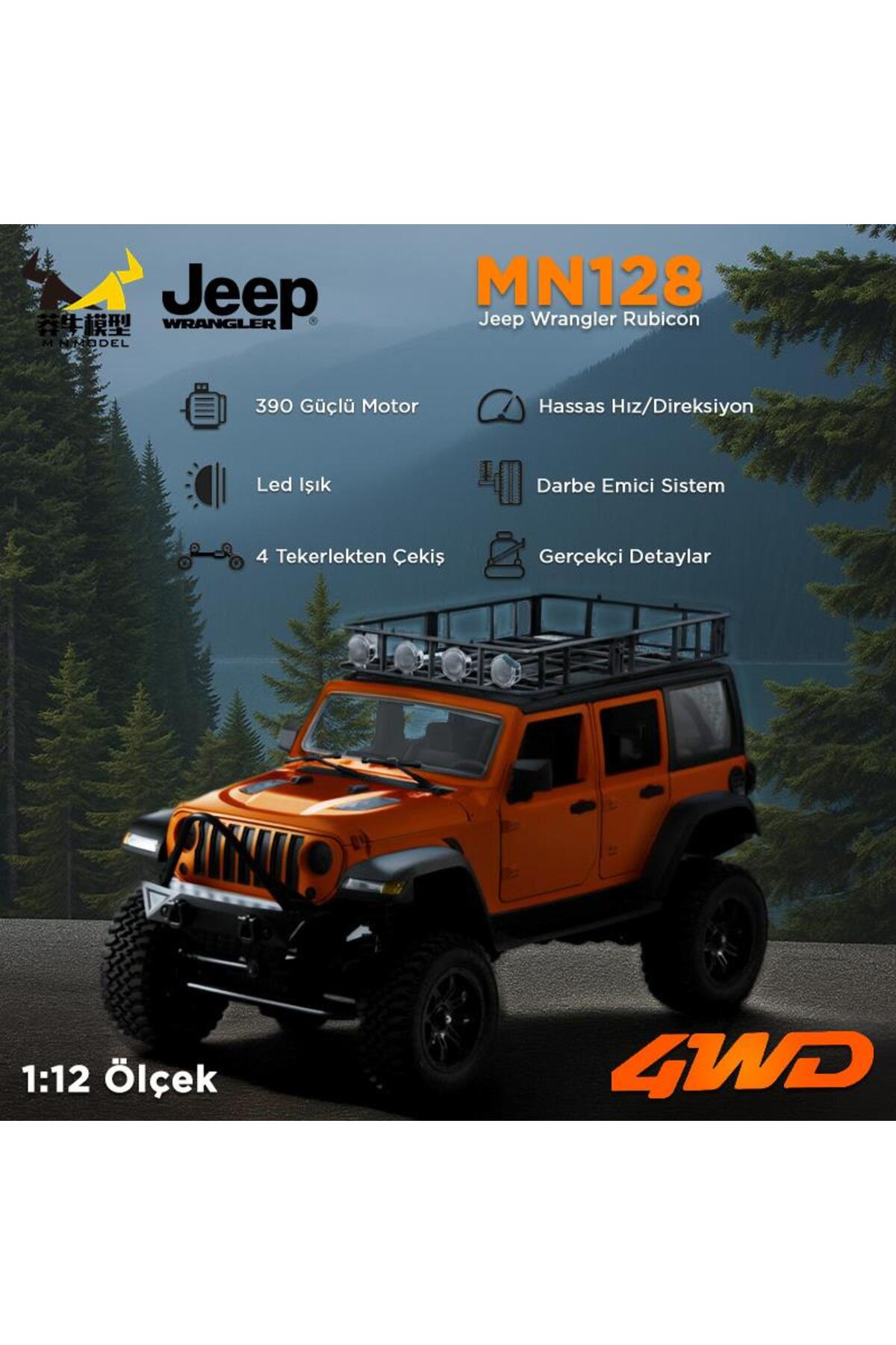 Tavan bagajlı, detaylı, 4WD logolu turuncu Jeep Wrangler Rubicon oyuncak araba.
