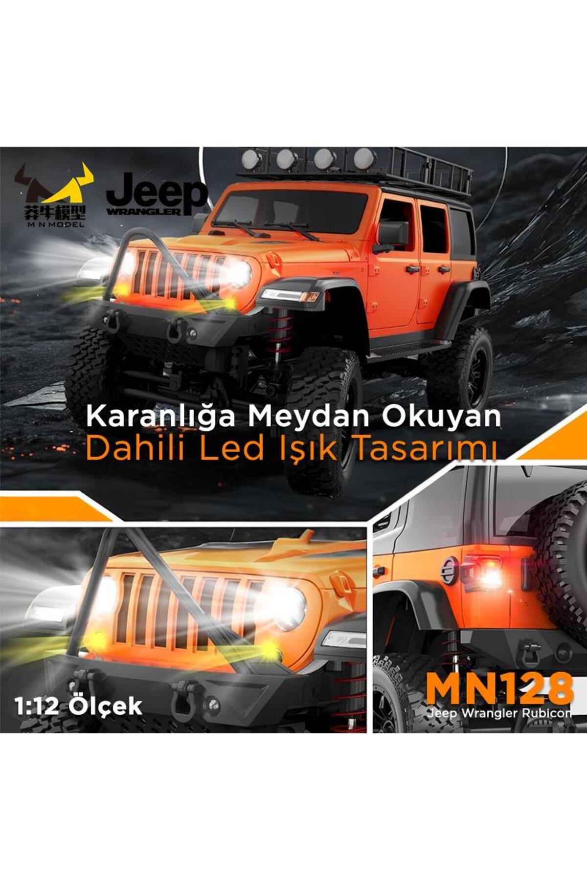 LED farlı ve port bagajlı turuncu Jeep Wrangler Rubicon.