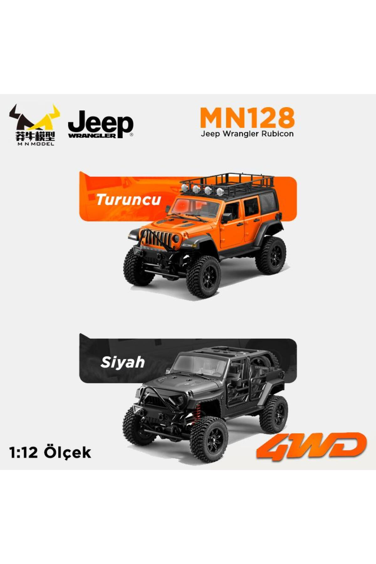 Turuncu ve siyah 1:12 ölçekli Jeep Wrangler Rubicon.