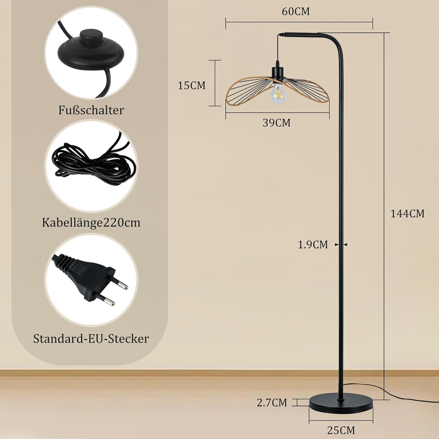 Nowoczesna czarna lampa podłogowa z okrągłą podstawą i plecionym kloszem.