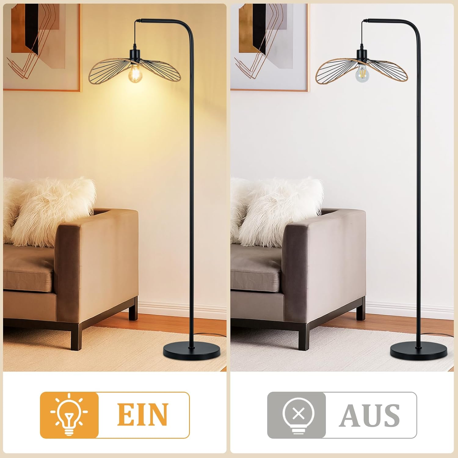 Lampa podłogowa z drucianym kloszem obok brązowej sofy, włączona i wyłączona.