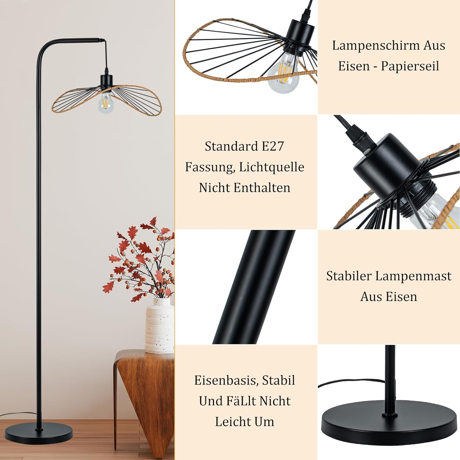 Czarna metalowa lampa podłogowa z kloszem z drutu i liny oraz okrągłą podstawą.