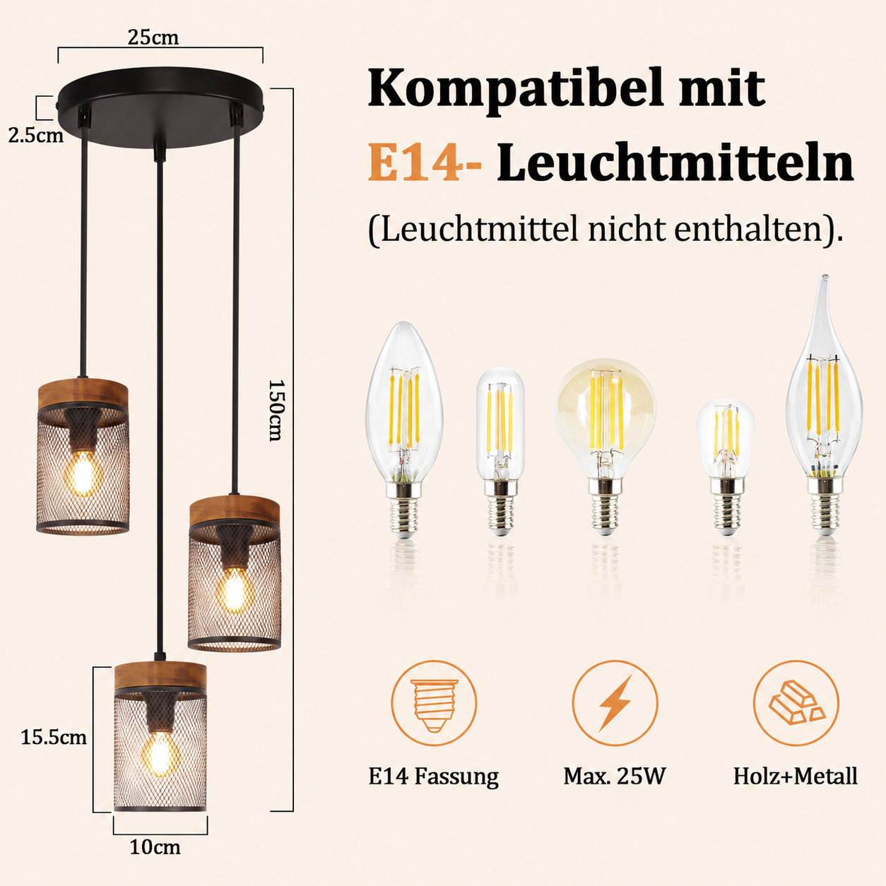 Lampa wisząca trzyramienna, gniazdo E14, drewno i metal. Wymiary: 25x150cm.