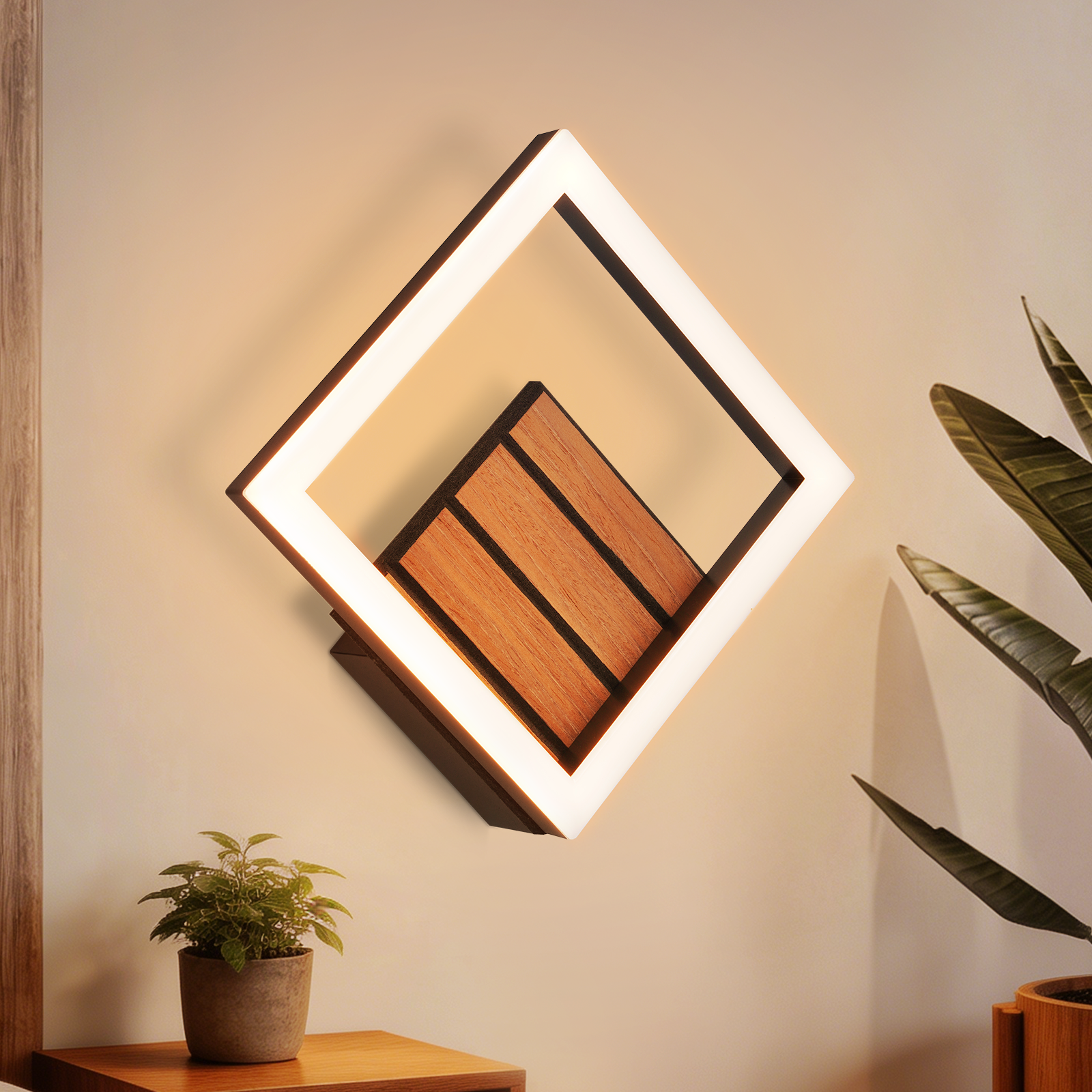 Nowoczesna lampa ścienna w kształcie rombu z drewnianymi detalami i oświetleniem LED.
