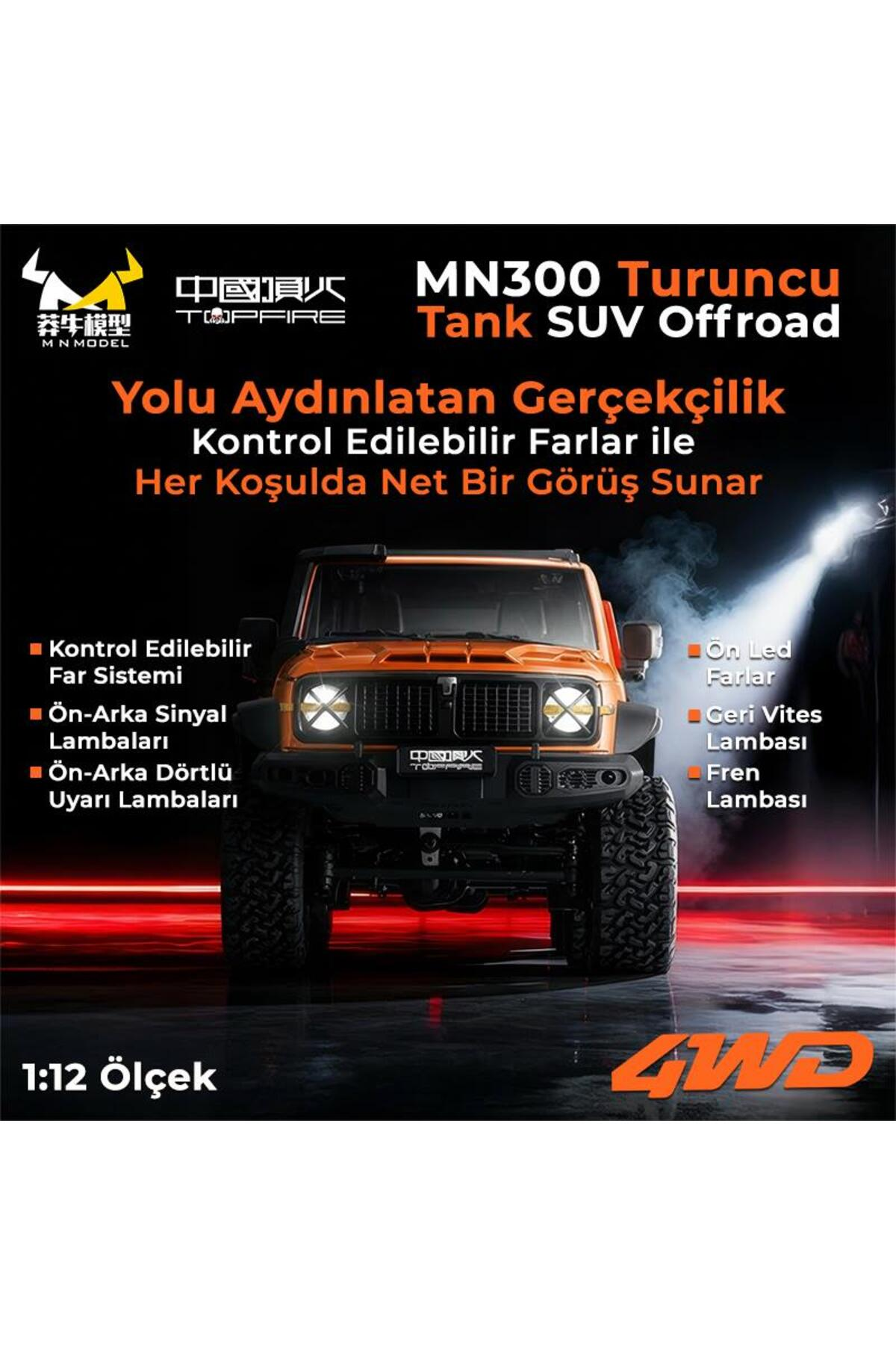 Aydınlatmalı farlar ve 4WD logosuna sahip turuncu RC arazi aracı. Detaylar Türkçe.