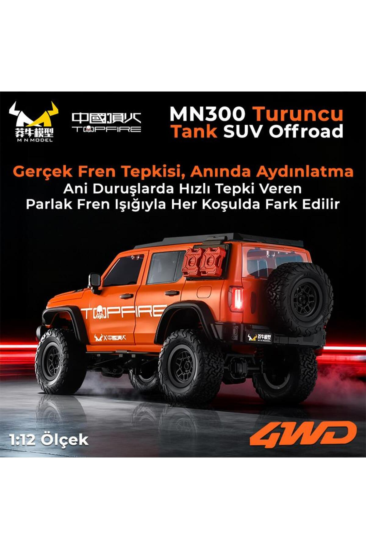 İki yedek bidonlu ve yedek lastikli turuncu uzaktan kumandalı arazi aracı.