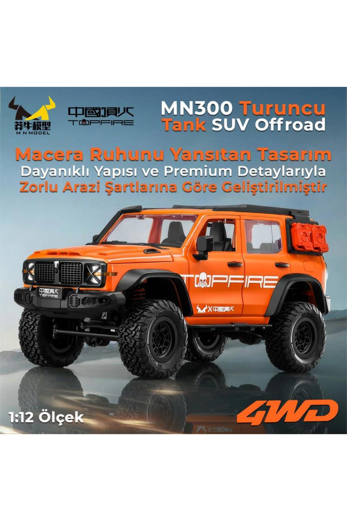 Büyük lastikli, 4WD yazılı turuncu uzaktan kumandalı RC arazi aracı.