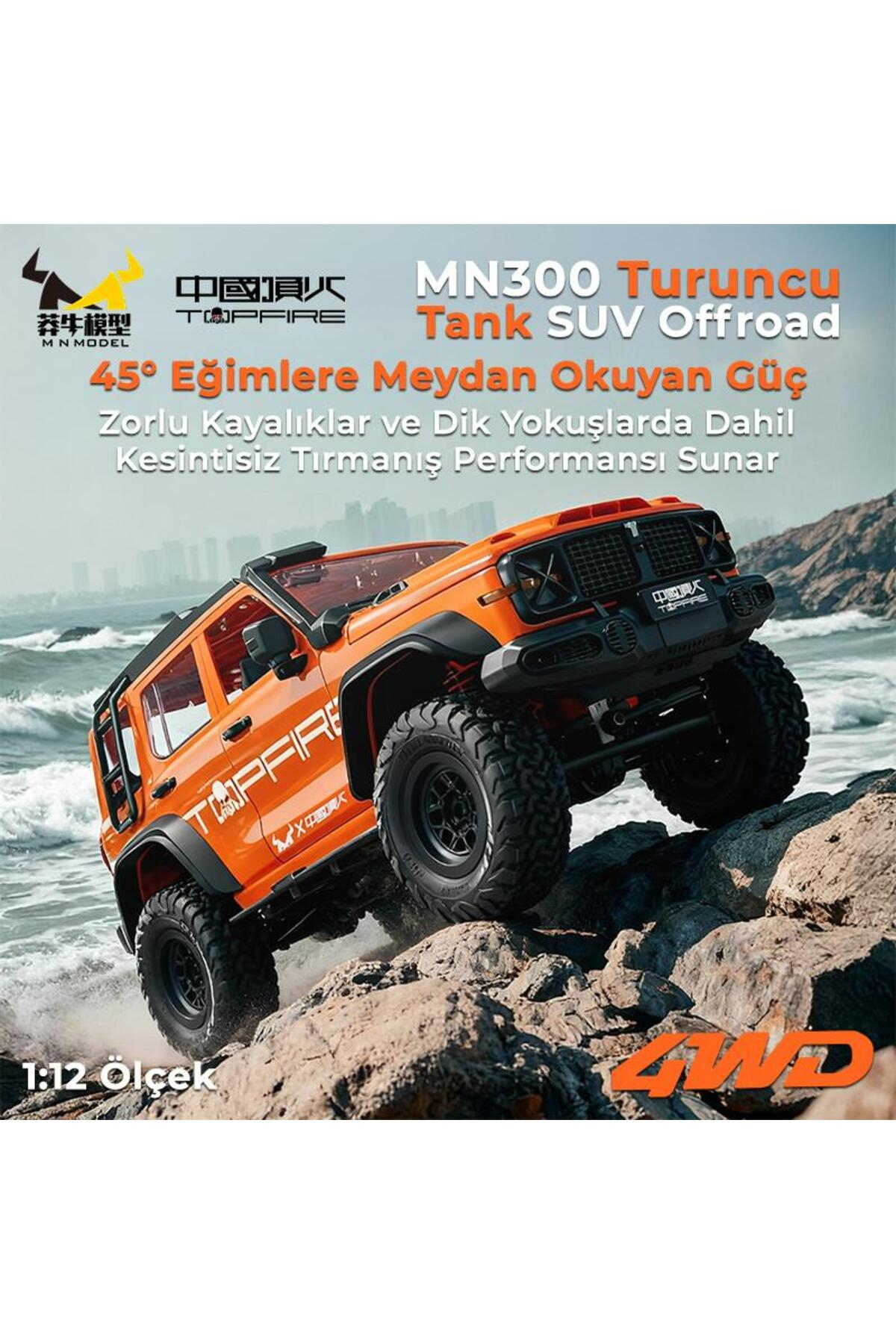 Turuncu SUV deniz kenarında kayalarda ilerliyor. Ölçek 1:12.